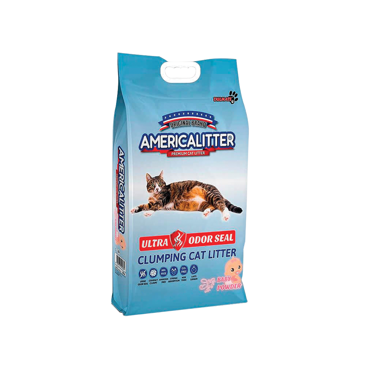 America Litter Ultra Odor Seal Soft Baby Powder อเมริกาลิตเตอร์ ทรายแมวภูเขาไฟ สูตรผสมคาร์บอนกลิ่นแป้งเด็ก ขนาด 7 กิโลกรัม