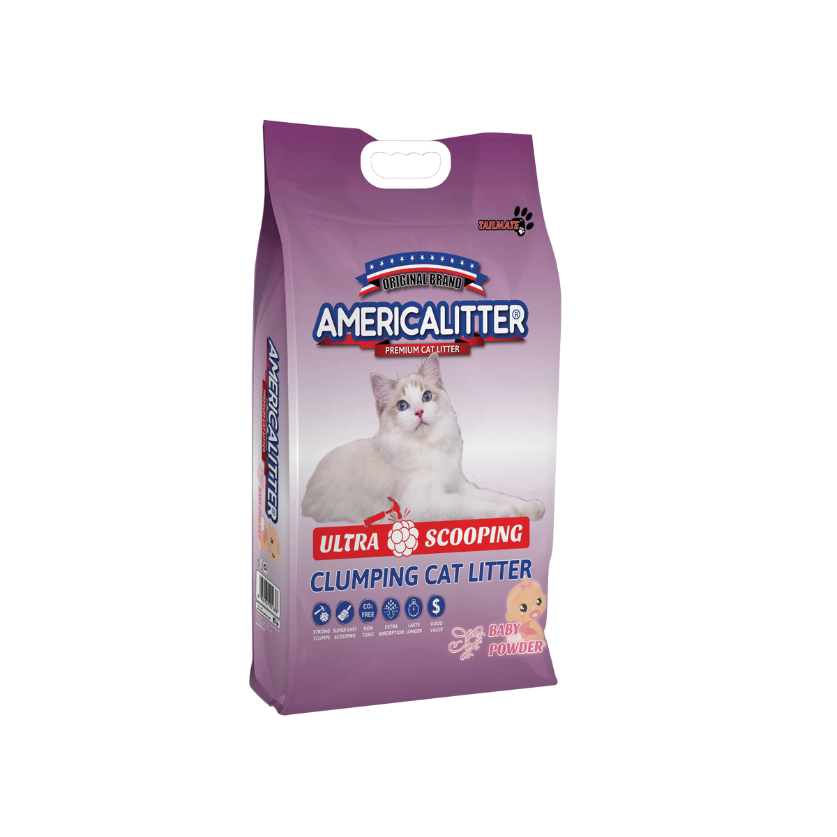America Litter Ultra Scooping Soft Baby Powder อเมริกาลิตเตอร์ ทรายแมวภูเขาไฟ สูตรดูดซับและจับตัวเป็นก้อนกลิ่นแป้งเด็ก ขนาด 7 กิโลกรัม