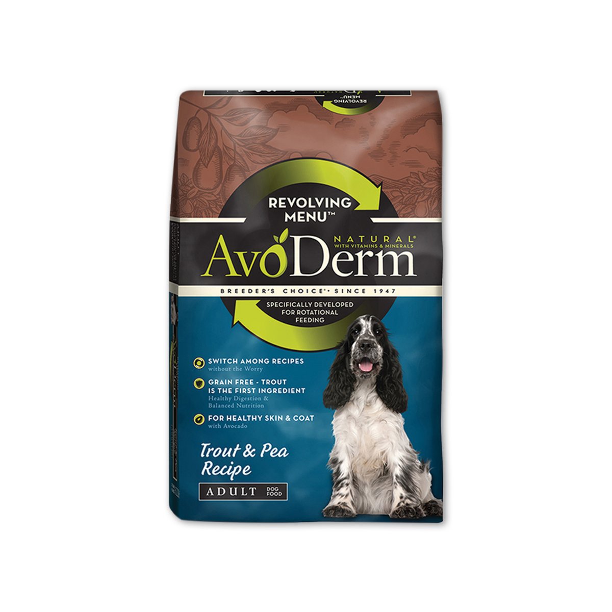 AvoDerm อโวเดิร์ม อาหารสำหรับสุนัขโตทุกสายพันธุ์ สูตรปลาเทราต์และถั่ว