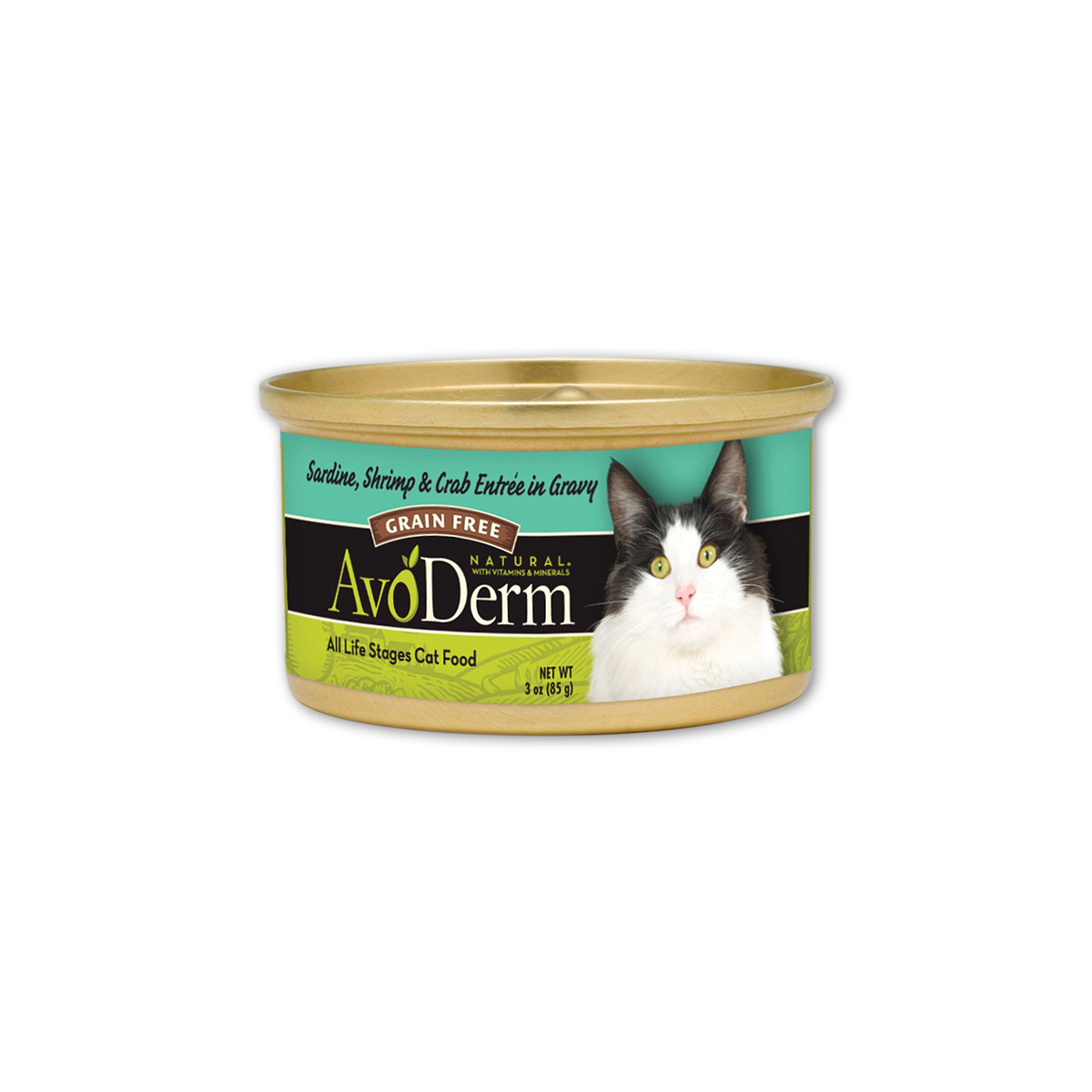 AvoDerm อโวเดิร์ม อาหารกระป๋องสำหรับลูกแมวและแมวโต สูตรเนื้อปลาซาร์ดีนเนื้อกุ้งและเนื้อปู ขนาด 3 ออนซ์