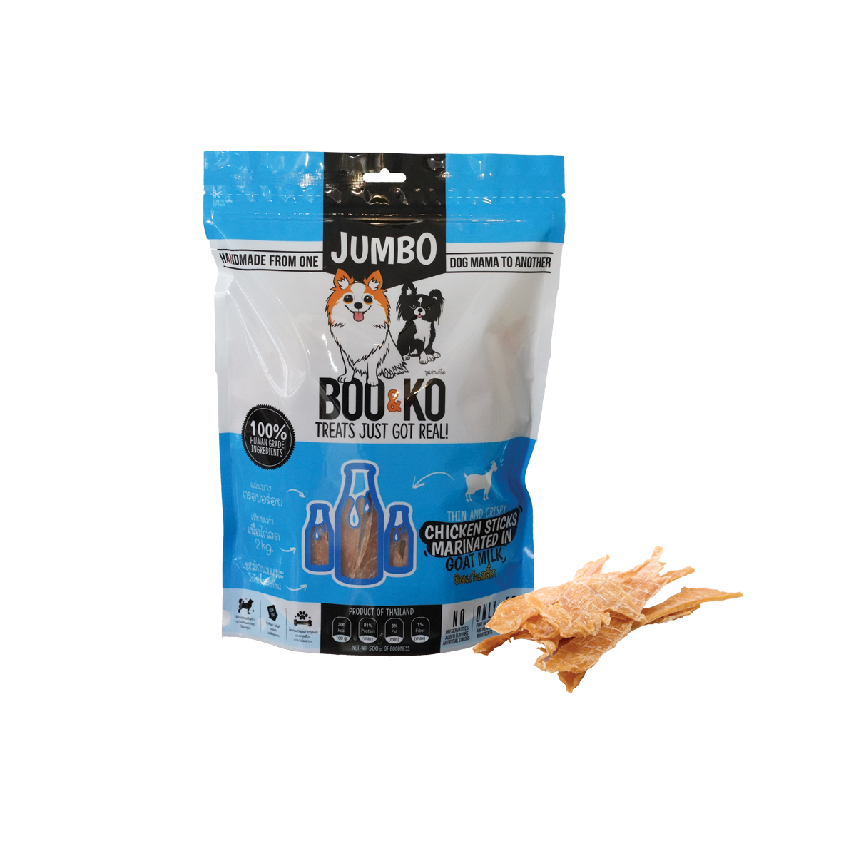 BOO&KO Dog Snack Chicken Sticks with Goat Milk บูแอนด์โค ขนมสุนัข ไก่อบแห้ง รสนมแพะ ขนาด 500 กรัม