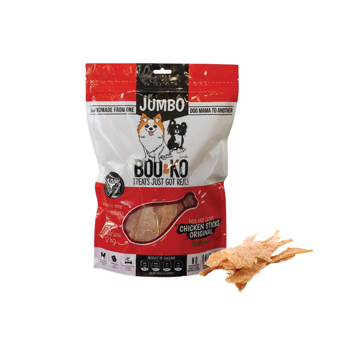 BOO&KO Dog Snack Chicken Sticks Jumbo Original บูแอนด์โค ขนมสุนัข ไก่อบแห้ง รสออริจินอล ขนาด 500 กรัม
