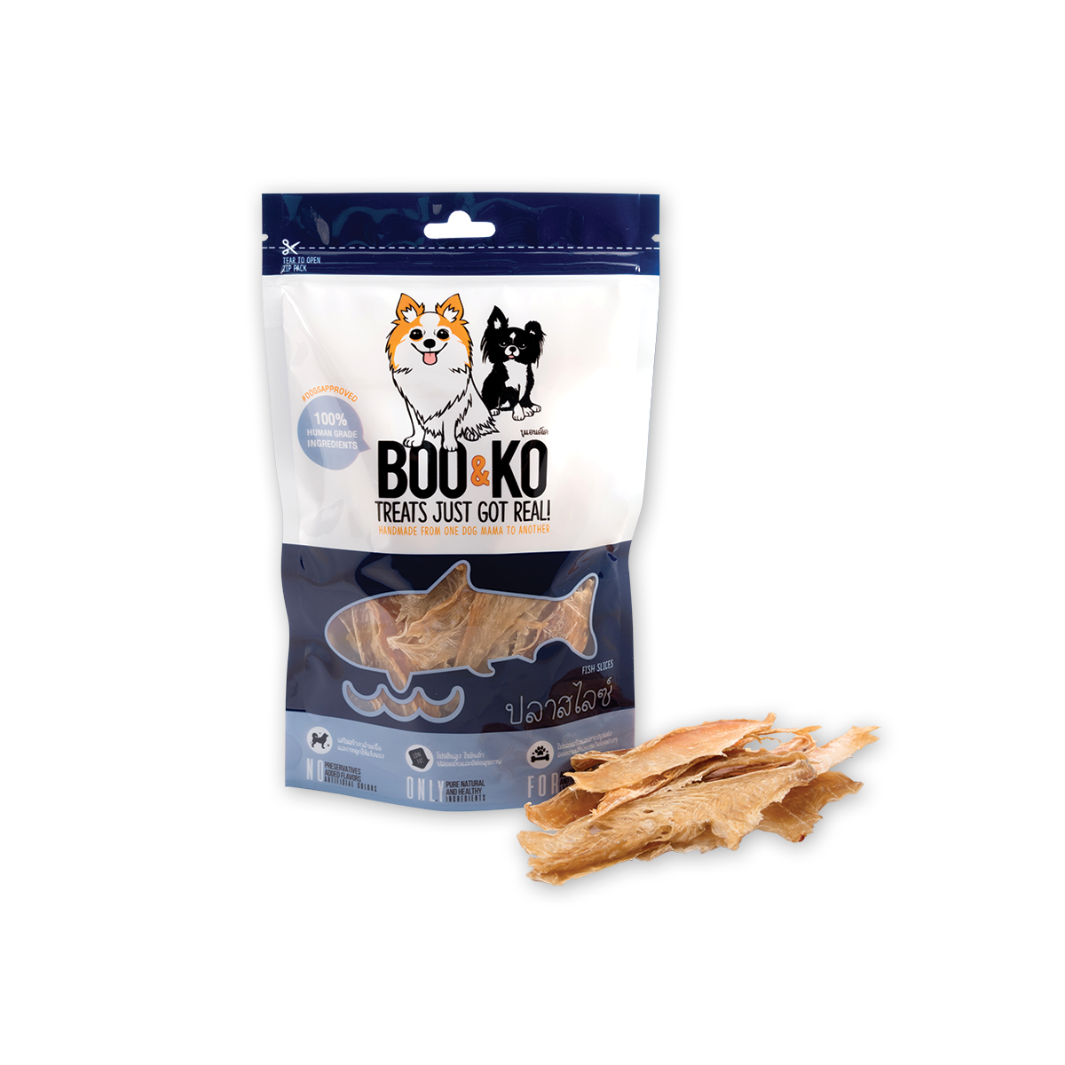 BOO&KO Fish Slices บูแอนด์โค เนื้อปลาอบแห้งสำหรับสุนัข ขนาด 50 กรัม