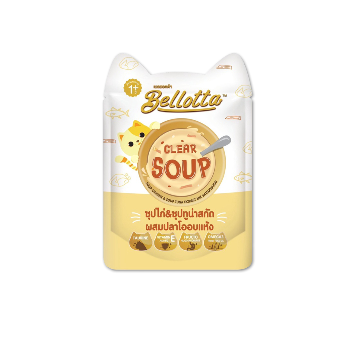 Bellotta Clear Soup Chicken & Soup Tuna Extract mix Katsuobushi เบลลอตต้า ชนิดน้ำซุปซอ งรสไก่&ซุปทูน่าสกัดผสมปลาโออบแห้ง ขนาด 40 กรัม (12 ซอง)