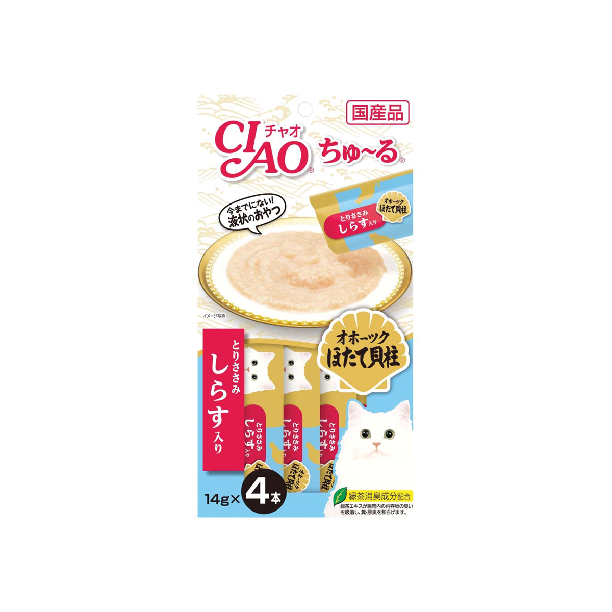 CIAO Churu Chicken Fillet Scallop & Whitebait Grain-Free Flavor เชาว์ ชูหรุ ขนมแมวครีมเลีย รสเนื้อสันในไก่กับหอยเชลล์และปลาข้าวสาร ขนาด 56 กรัม