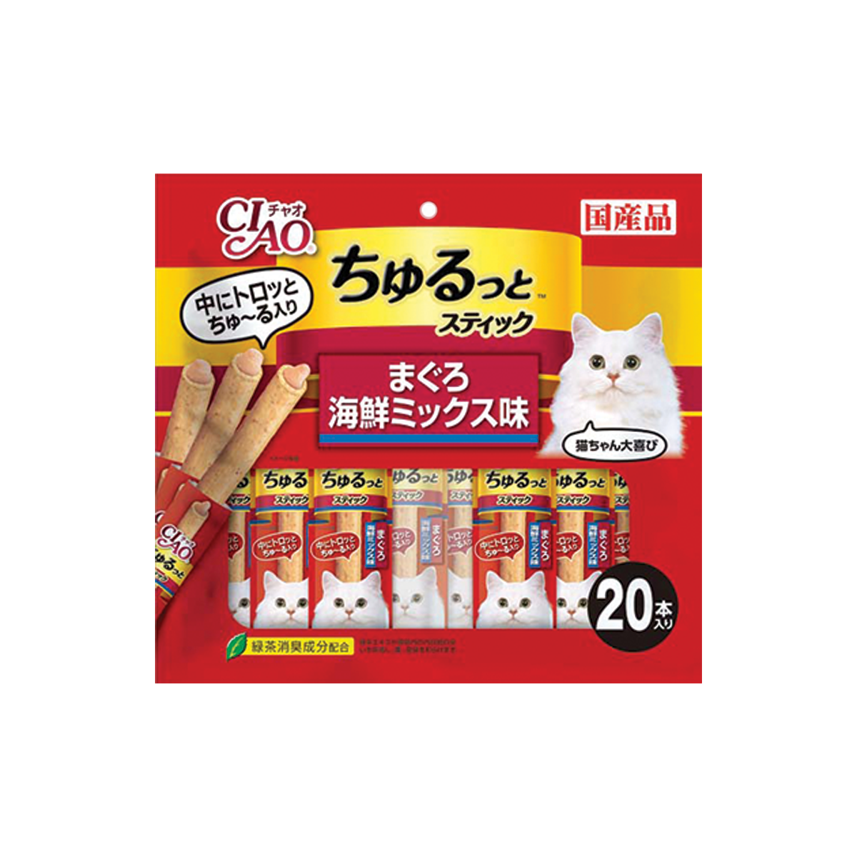 CIAO Churutto Stick Maguro with Scallop Formula Flavor เชาว์ ชูหรุโตะ สติก สูตรมากุโระกับหอยเชลล์ ขนาด 28 กรัม (20 ชิ้น)