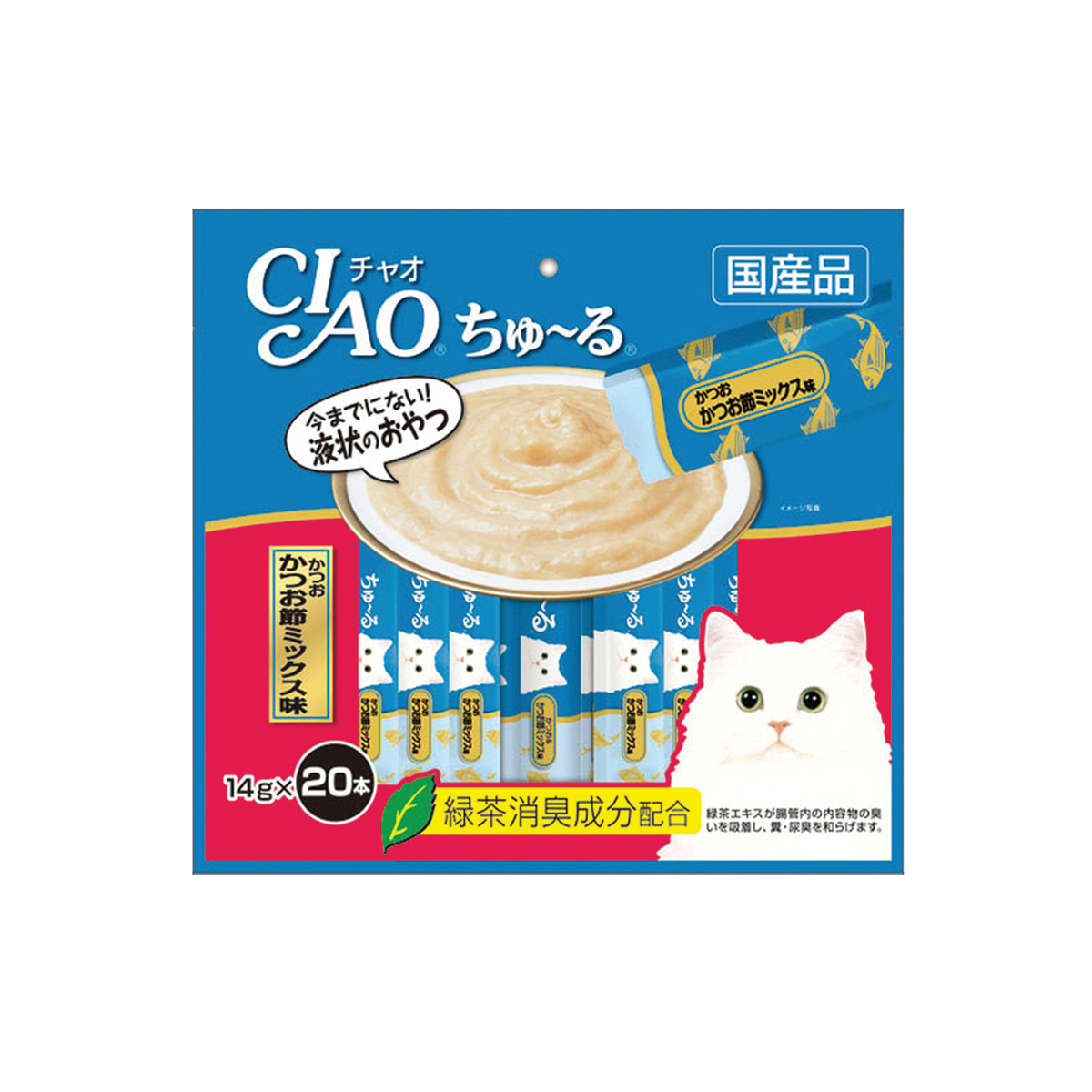 [MANOON] CIAO  Churu Tuna Dried Bonito Mix Flavor เชาว์ ชูหรุ ขนมแมวเลีย รสปลาทูน่าเนื้อขาวและหอยเชลล์ ขนาด 14 กรัม (20 ชิ้น)