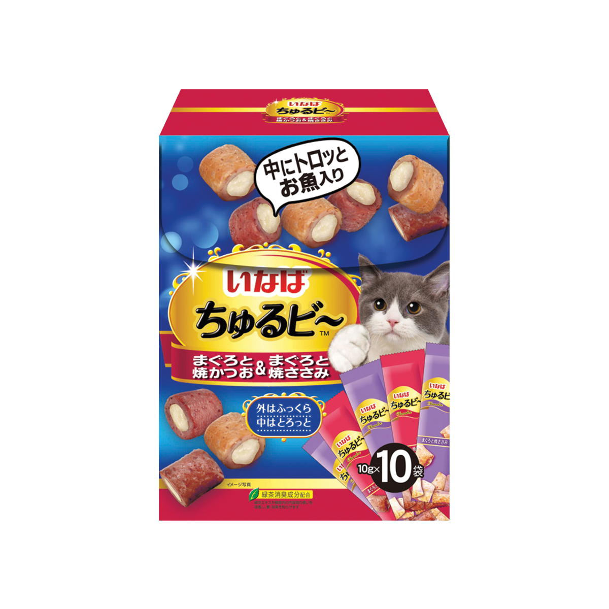 CIAO Churubee Creamy Cat Treats Mixed Flavor เชาว์ ชูหรุบี รวมรส ขนมแมวชิ้นสอดไส้ครีมแมวเลีย สูตรมากุโระและไก่ย่าง ขนาด 100 กรัม