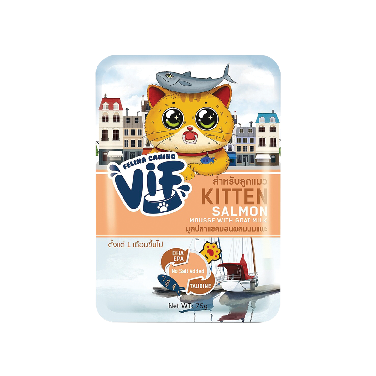  [MANOON] FELINA CANINO VIF  Kitten Salmon Mousse with Goat Milk Flavor เฟลินา คานิโน วิฟ มูสปลาแซลมอนผสมนมแพะลูกแมว ขนาด 75 กรัม (12 ซอง)