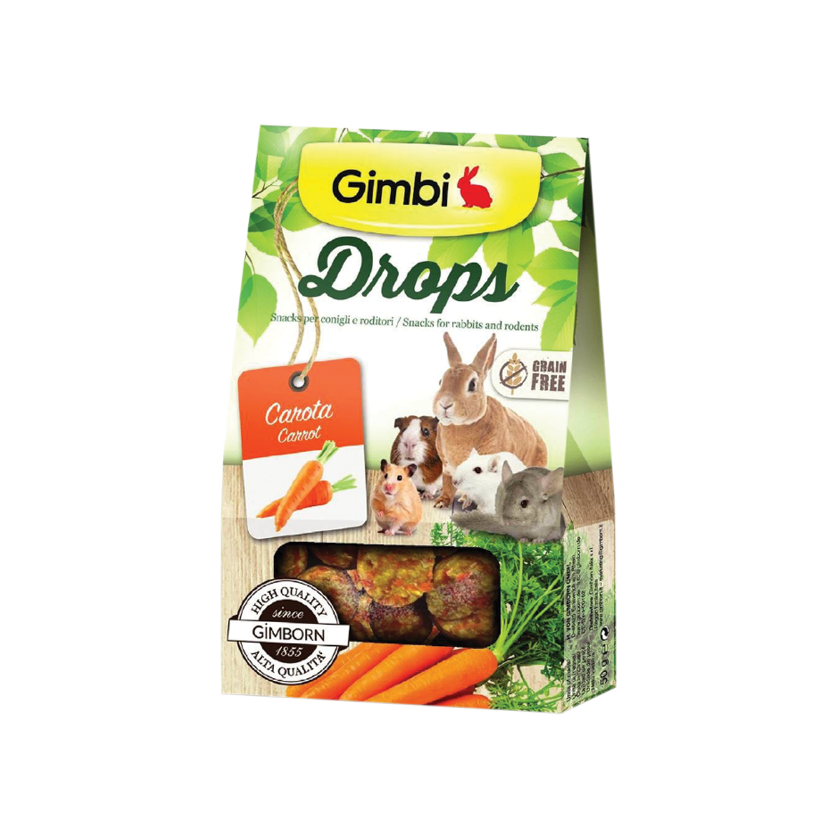 Gimbi Drops with Carrot กิมบิ ขนมขบเคี้ยวผสมแครอทสำหรับกระต่ายและหนูสายพันธุ์เล็ก ขนาด 50 กรัม