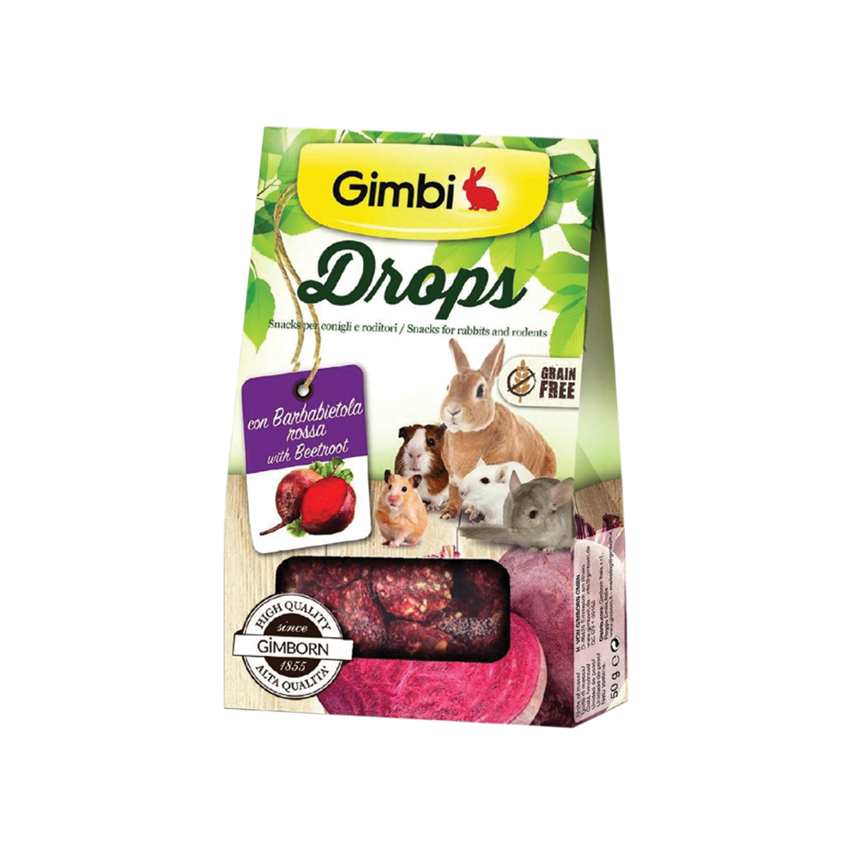 Gimbi Drops with Beetroot กิมบิ ขนมขบเคี้ยวผสมบีทรูทสำหรับกระต่ายและหนูสายพันธุ์เล็ก ขนาด 50 กรัม