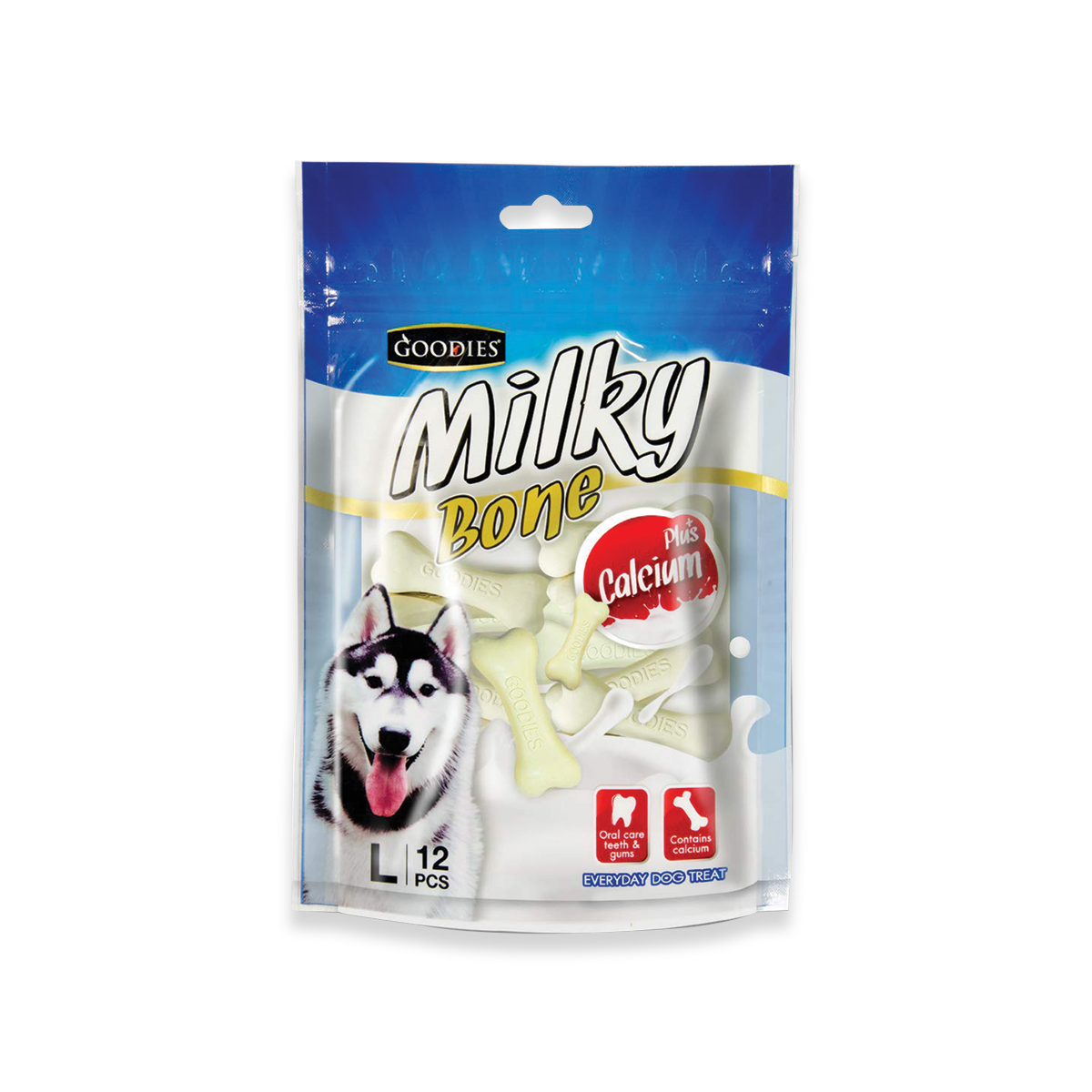 [MANOON] GOODIES  Milky bone Milk Flavor กู้ดดี้ ขนมขัดฟันสุนัขรูปกระดูก รสนม ไซส์ L  12 ชิ้น