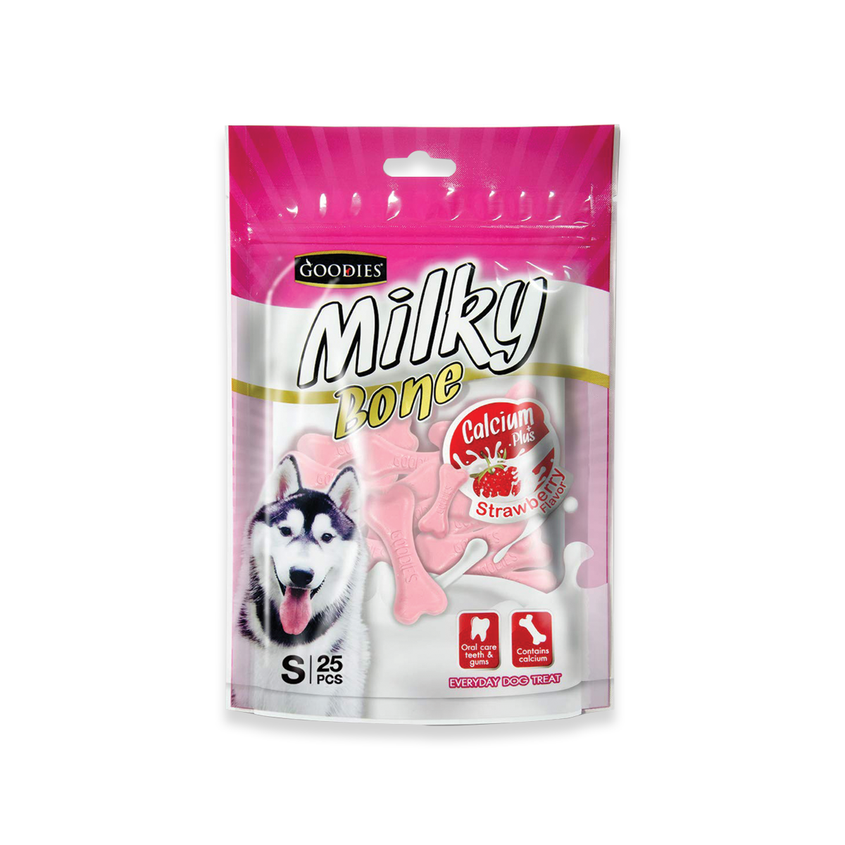 [MANOON] GOODIES  Milky bone Strawberry Flavor กู้ดดี้ ขนมขัดฟันสุนัขรูปกระดูก รสสตอร์เบอร์รี่  ไซส์ S ขนาด 25 ชิ้น