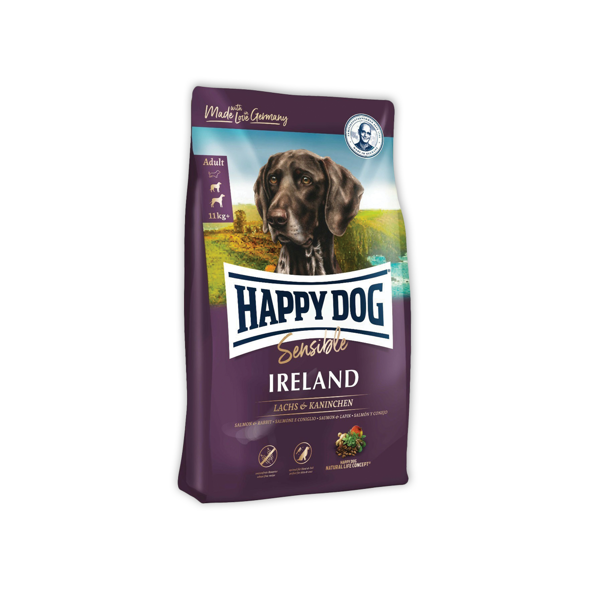 Happy Dog Irland แฮปปี้ ด็อก ไอร์แลนด์ อาหารสำหรับสุนัขโตพันธุ์กลาง-ใหญ่ สูตรเนื้อกระต่ายป่าและปลาแซลมอน