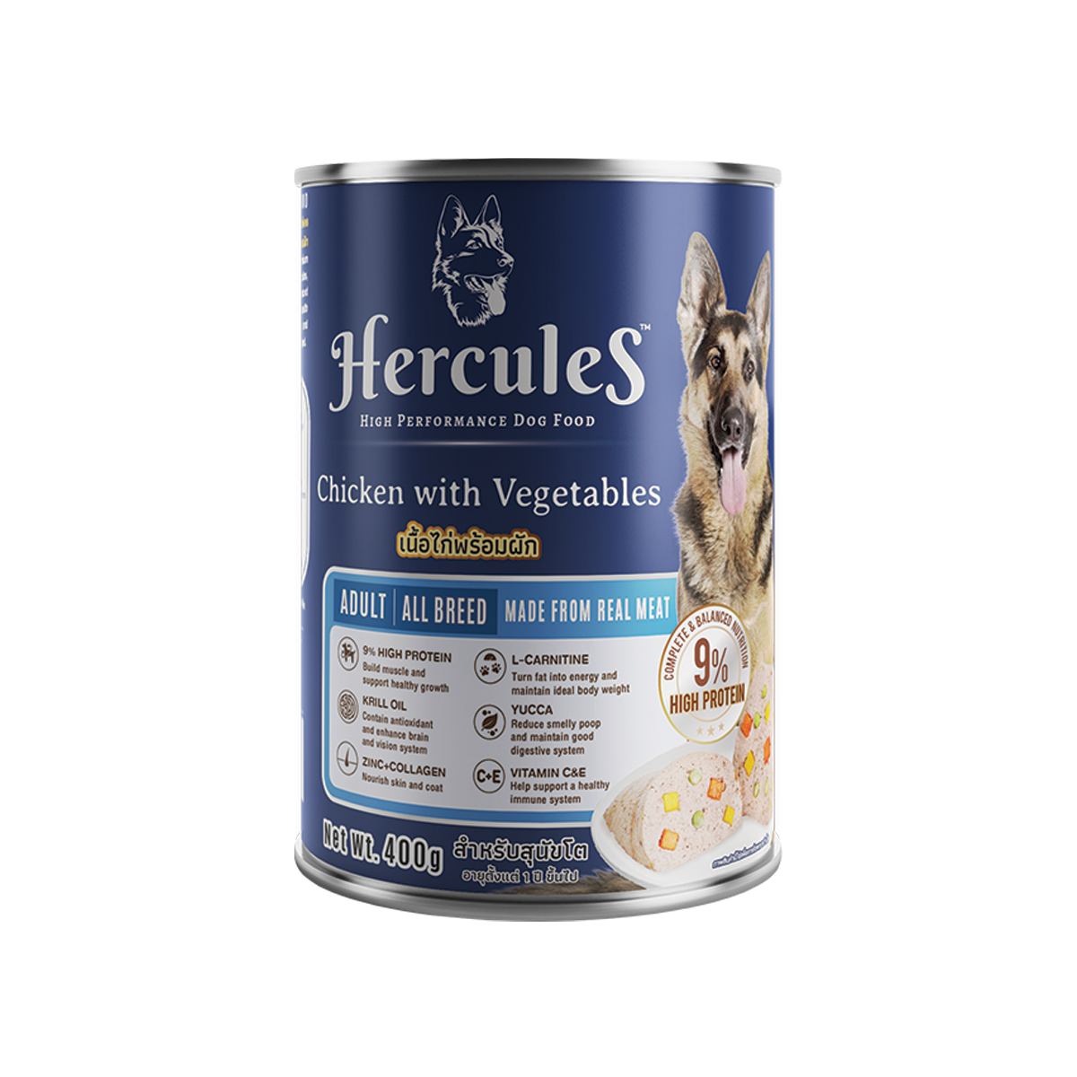 [MANOON] HERCULES Can Adult All Breed Chicken with Vegetables Flavor เฮอร์คิวลิส อาหารสำหรับสุนัขโต สูตรเนื้อไก่พร้อมผัก ขนาด 400 กรัม (12 กระป๋อง)