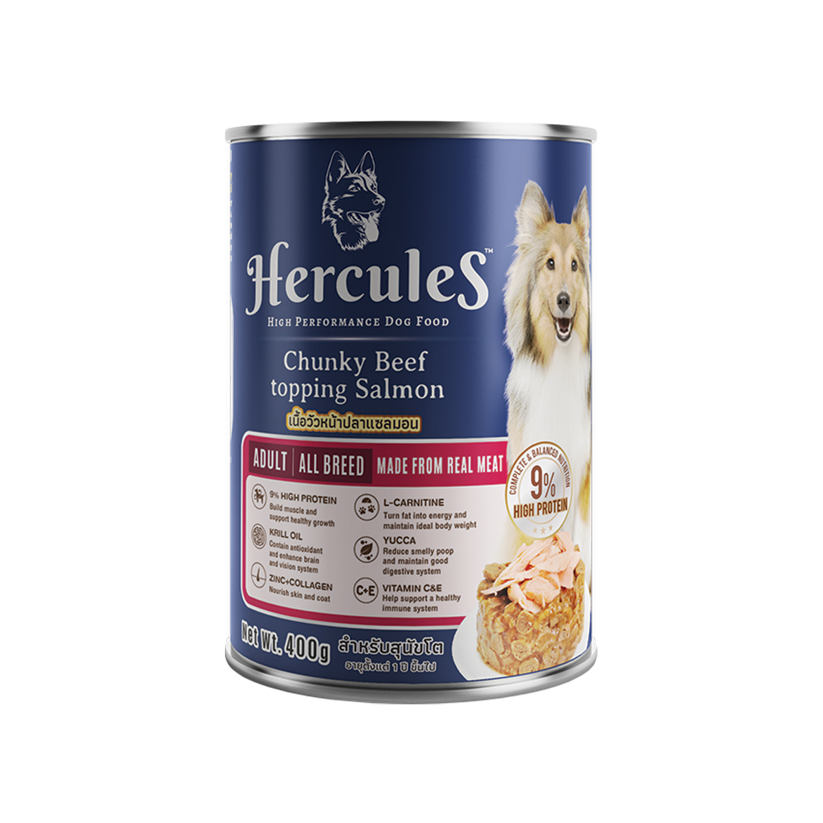 [MANOON] HERCULES Can Adult All Breed Chucky Beef topping Salmon Flavor เฮอร์คิวลิส อาหารสำหรับสุนัขโต สูตรเนื้อวัวหน้าแซลมอน ขนาด 400 กรัม (12 กระป๋อง)