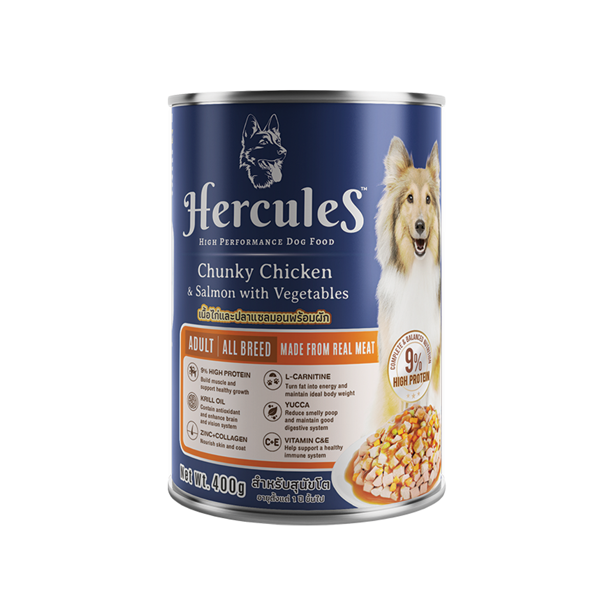 [MANOON] HERCULES Can Adult All Breed Chucky Chicken topping Salmon with Vegetables Flavor เฮอร์คิวลิส อาหารสำหรับสุนัขโต สูตรเนื้อไก่และแซลมอนพร้อมผัก ขนาด 400 กรัม (12 กระป๋อง)