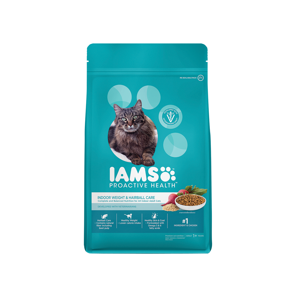 IAMS Proactive Health Indoor Weight & Hairball Care ไอแอมส์ โปรแอคทีฟ อาหารแมว สูตรสำหรับแมวเลี้ยงในบ้าน ควบคุมก้อนขนและน้ำหนัก