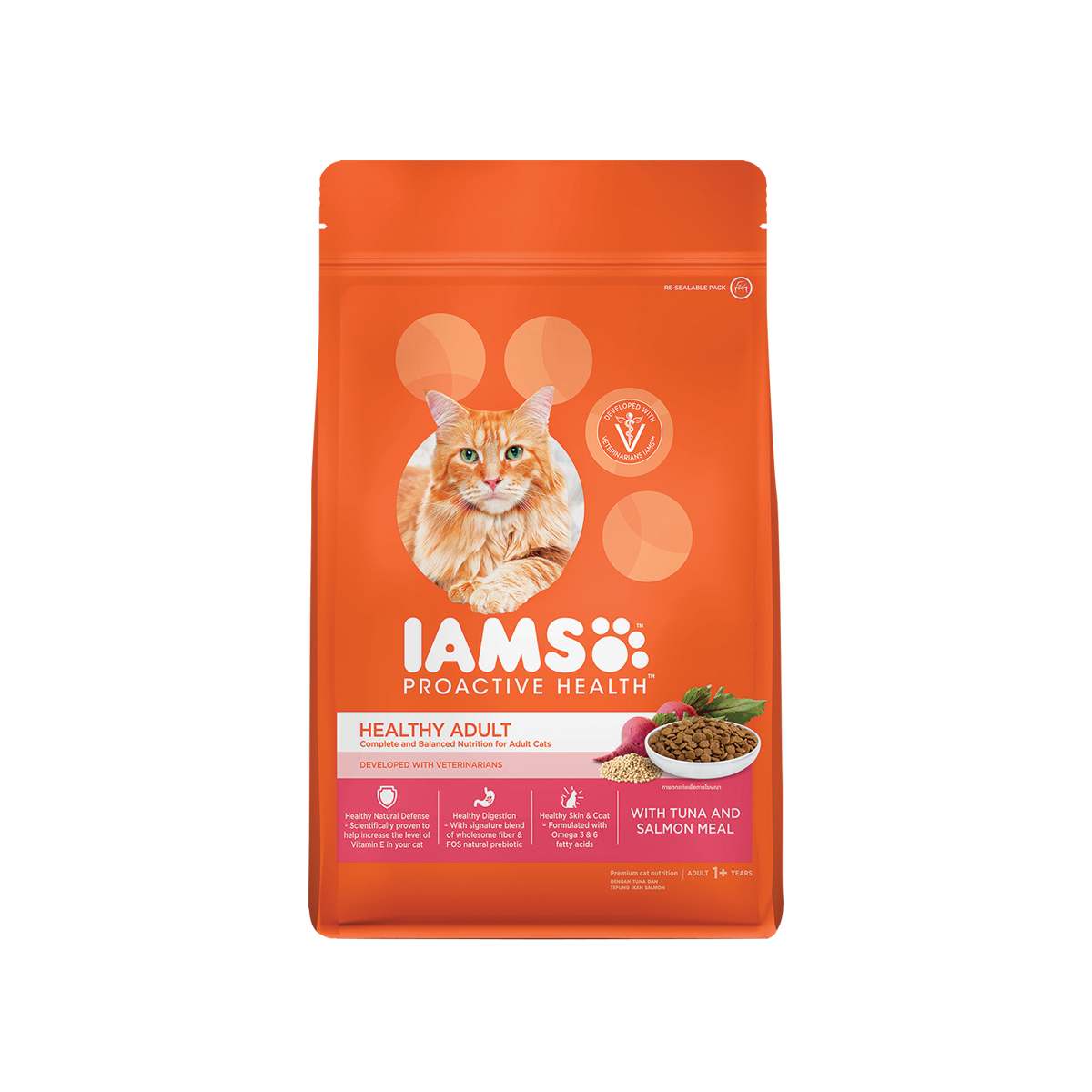 IAMS Proactive Health Healthy Adult with Tuna and Salmon Meal ไอแอมส์ โปรแอคทีฟ อาหารแมว สำหรับแมวโต รสทูน่าและแซลมอน