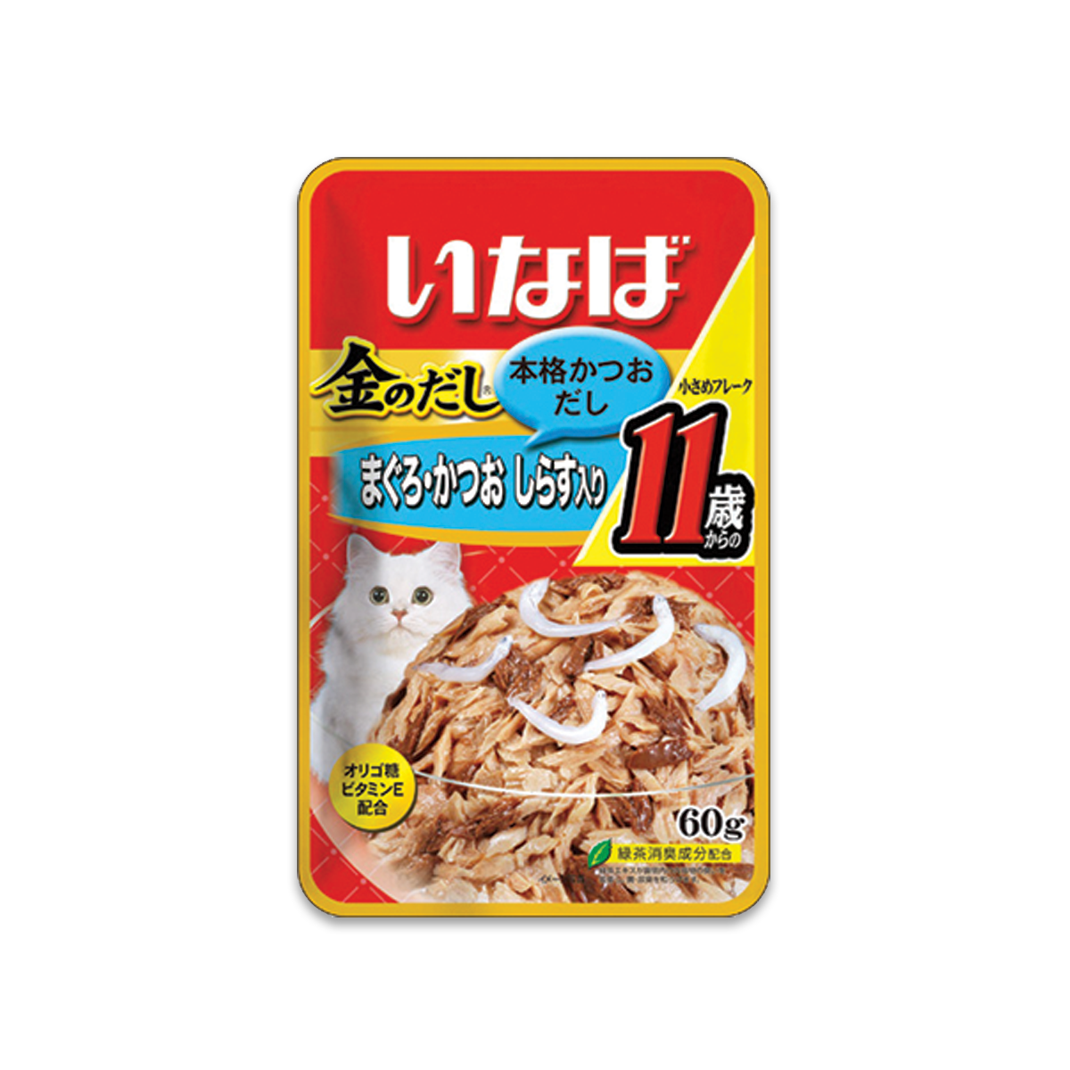 [MANOON] INABA  Golden Pouch Tuna Small Flake in Jelly Topping Whitebait Senior Flavor อินาบะ โกลเดนเพาช์ อาหารเปียกสำหรับแมว รสทูน่าชิ้นย่อยในเยลลี่หน้าปลาข้าวสาร ขนาด 60 กรัม (12 ซอง)