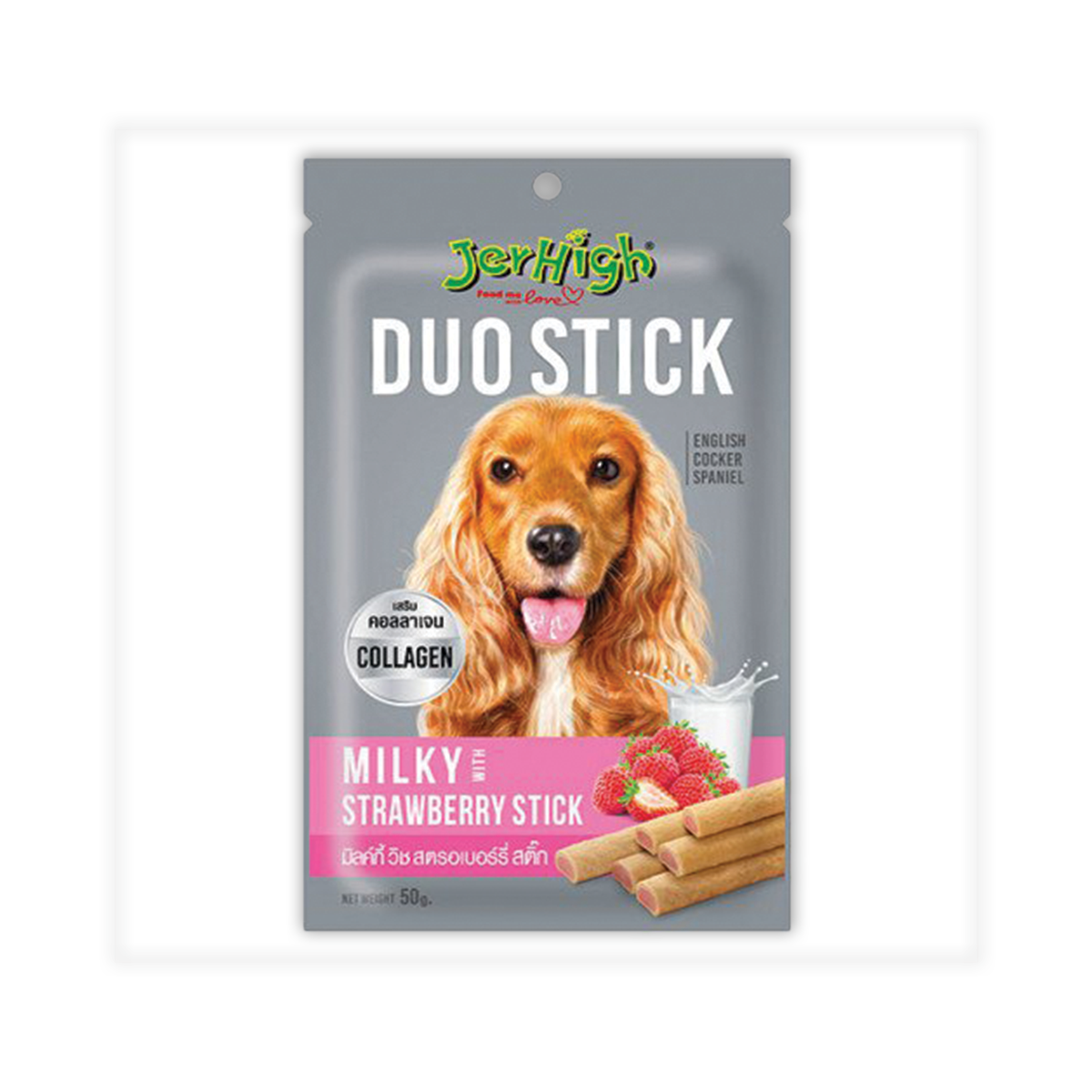 [MANOON] JERHIGH  Duo Stick เจอร์ไฮ ดูโอ้ สติ๊ก ขนมสุนัข รสนมกับสตรอเบอรี่ ขนาด 50 กรัม (12 ซอง)