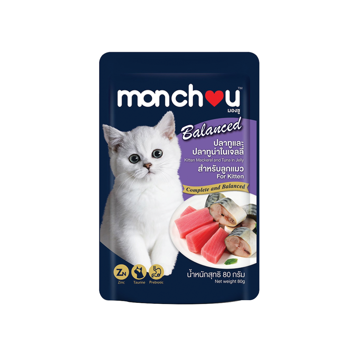 [MANOON] MONCHOU Balanced Kitten Mackeral and Tuna in Jelly มองชู บาลานซ์ ปลาทูและปลาทูน่าในเจลลี่ ขนาด 80 กรัม (12 ซอง)