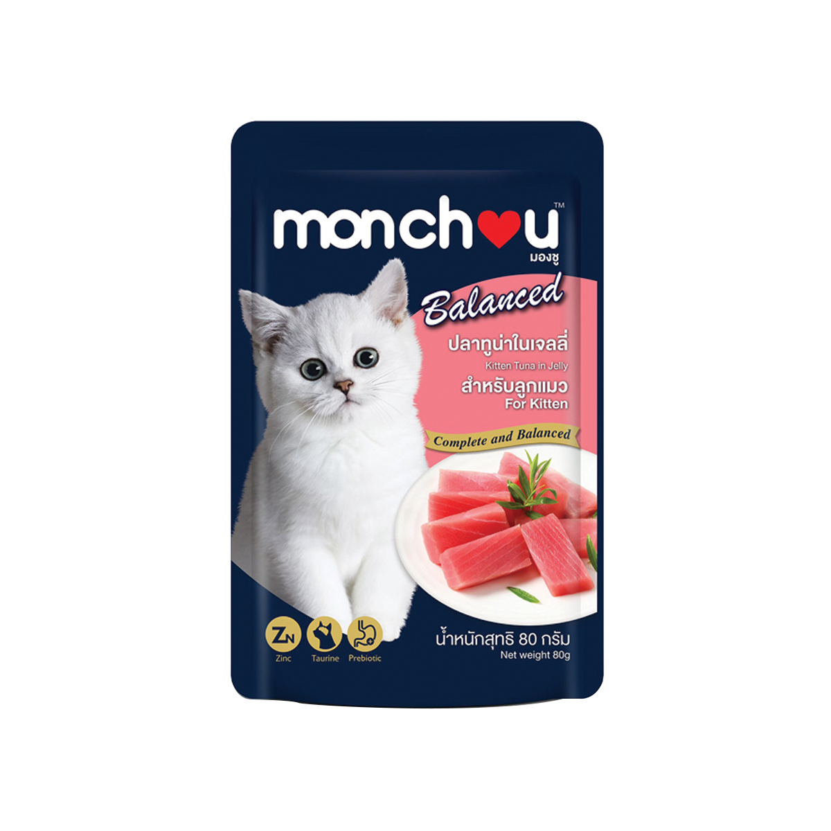 [MANOON] MONCHOU Balanced Kitten Mackeral and Tuna in Jelly มองชู บาลานซ์ ปลาทูและปลาทูน่าในเจลลี่ ขนาด 80 กรัม (12 ซอง)