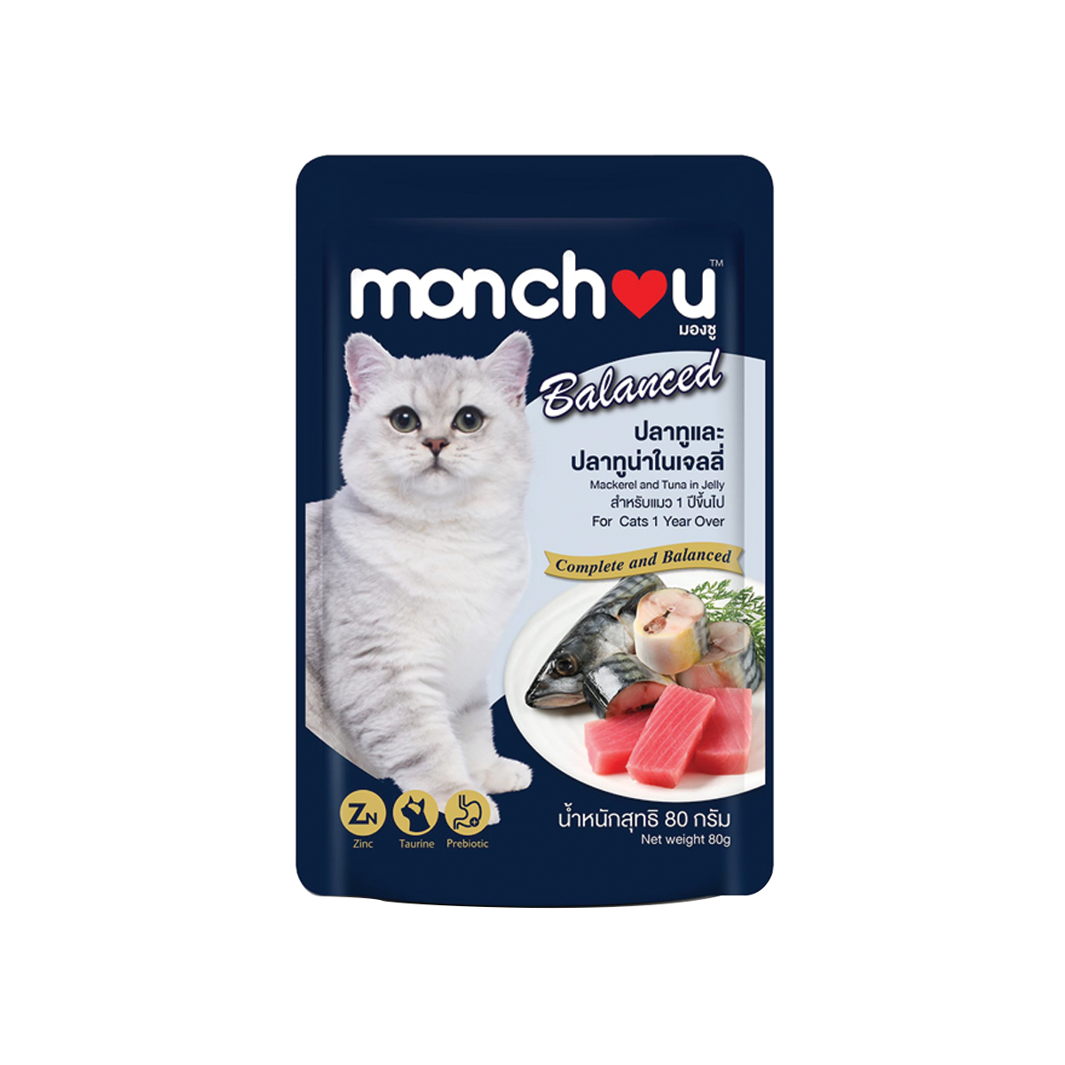 [MANOON] MONCHOU Balanced Mackeral and Tuna in Jelly มองชู บาลานซ์ ปลาทูและปลาทูน่าในเจลลี่ ขนาด 80 กรัม (12 ซอง)