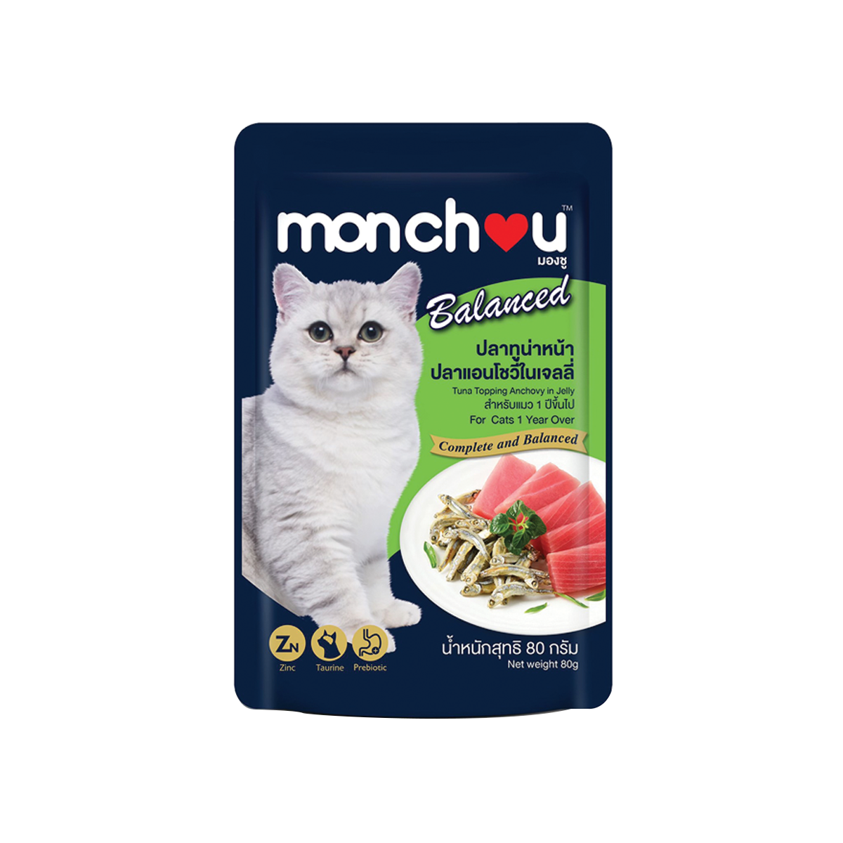 [MANOON] MONCHOU Balanced Tuna Topping Anchovy in Jelly มองชู บาลานซ์ ปลาทูน่าหน้าปลาแอนโชวี่ในเจลลี่ ขนาด 80 (12 ซอง) กรัม