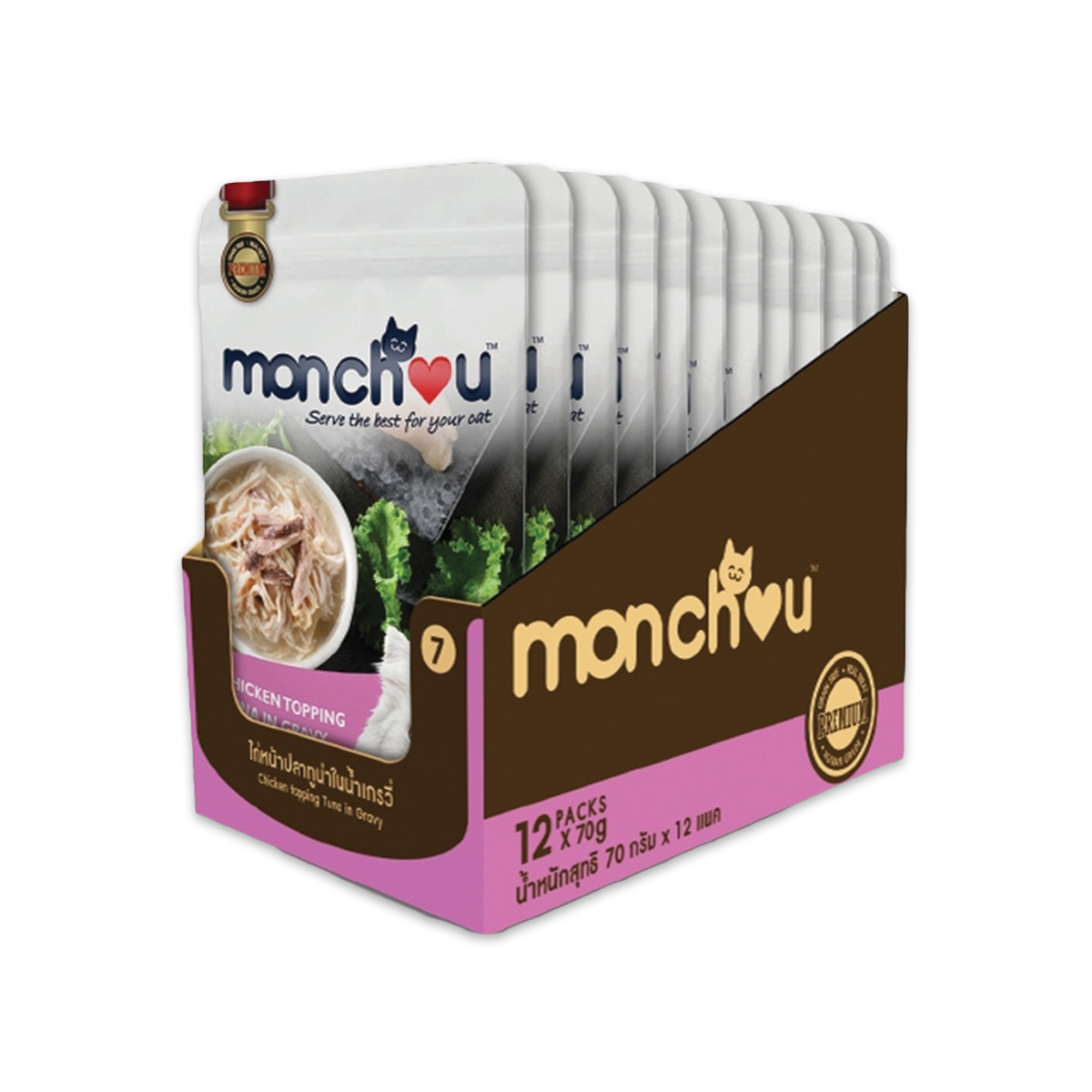 [MANOON] MONCHOU Pouch มองชู อาหารแมวเปียก แบบซอง รสไก่หน้าปลาทูน่าในน้ำเกรวี่ ขนาด 70 กรัม (12 ซอง)