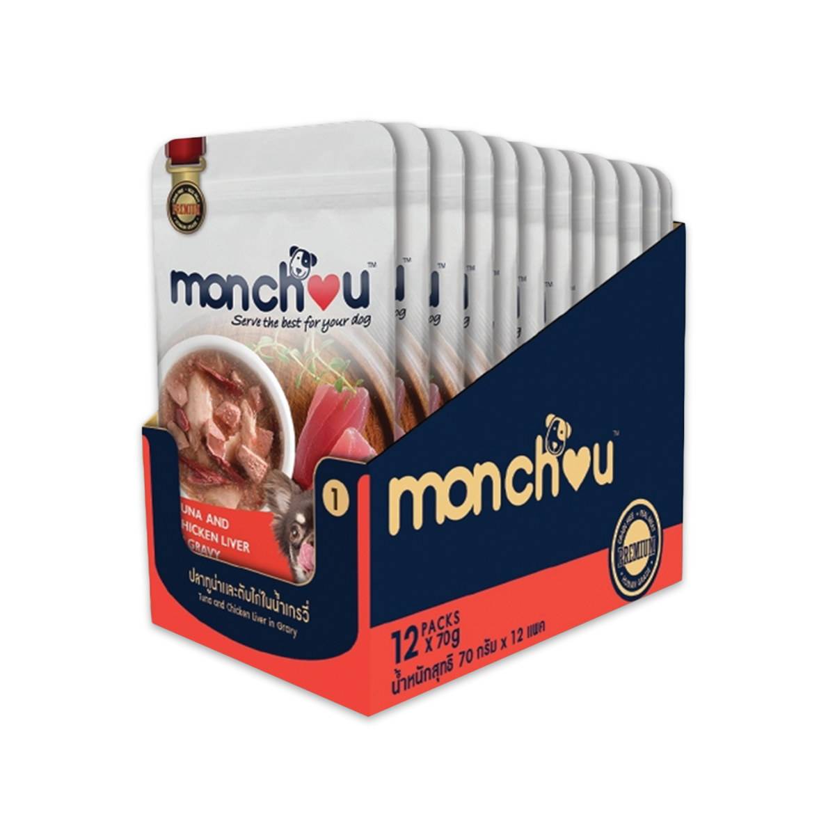 [MANOON] MONCHOU Pouch Dog Food Tuna and Chicken Liver in Gravy 70g (12 Pcs)