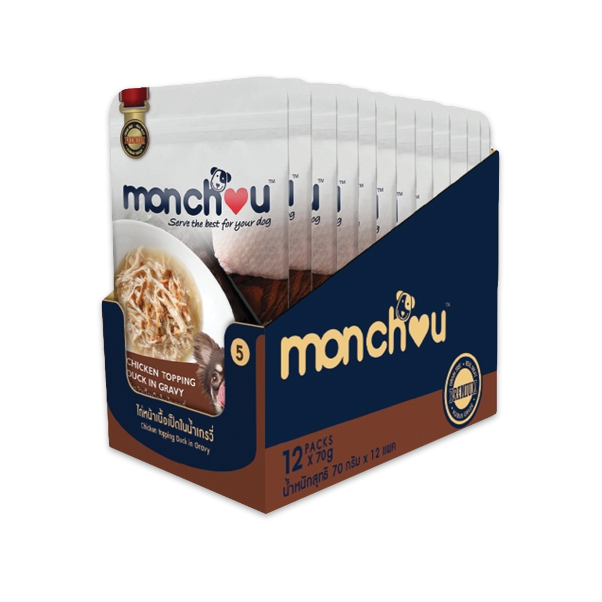 [MANOON] MONCHOU Pouch มองชู อาหารสุนัขเปียก แบบซอง รสไก่หน้าเนื้อเป็ดในน้ำเกรวี่ ขนาด 70 กรัม (12 ซอง)