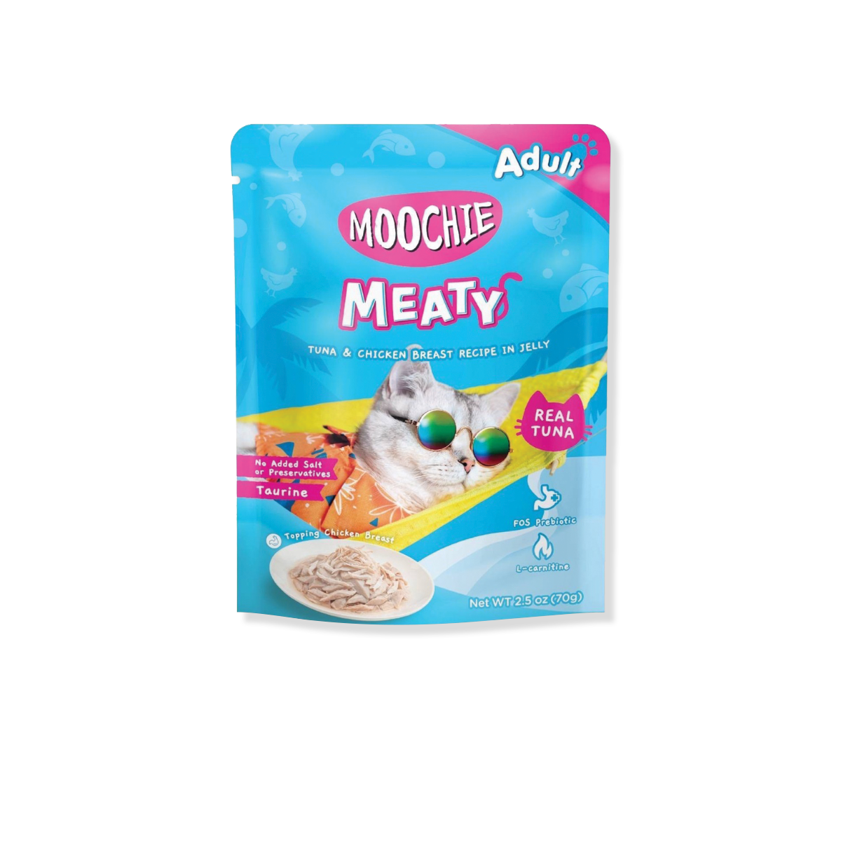 MOOCHIE meaty Tuna & Chicken breast recipe in jelly Adult มูชี่ มีทตี้ อาหารเปียกแมว รสทูน่าและอกไก่ ขนาด 70 กรัม (12 ซอง)