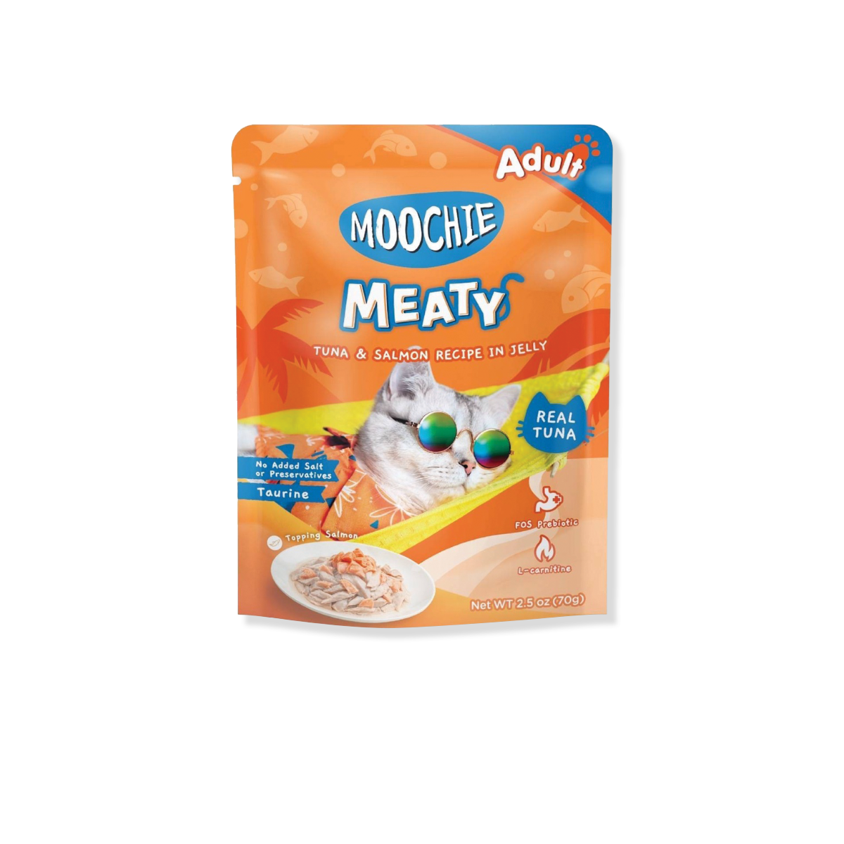 MOOCHIE Meaty Tuna & Slamon Recipe in jelly Adult มูชี่ มีทตี้ อาหารเปียกแมว รสทูน่าและแซลมอนในเยลลี่ ขนาด 70 กรัม (12 ซอง)