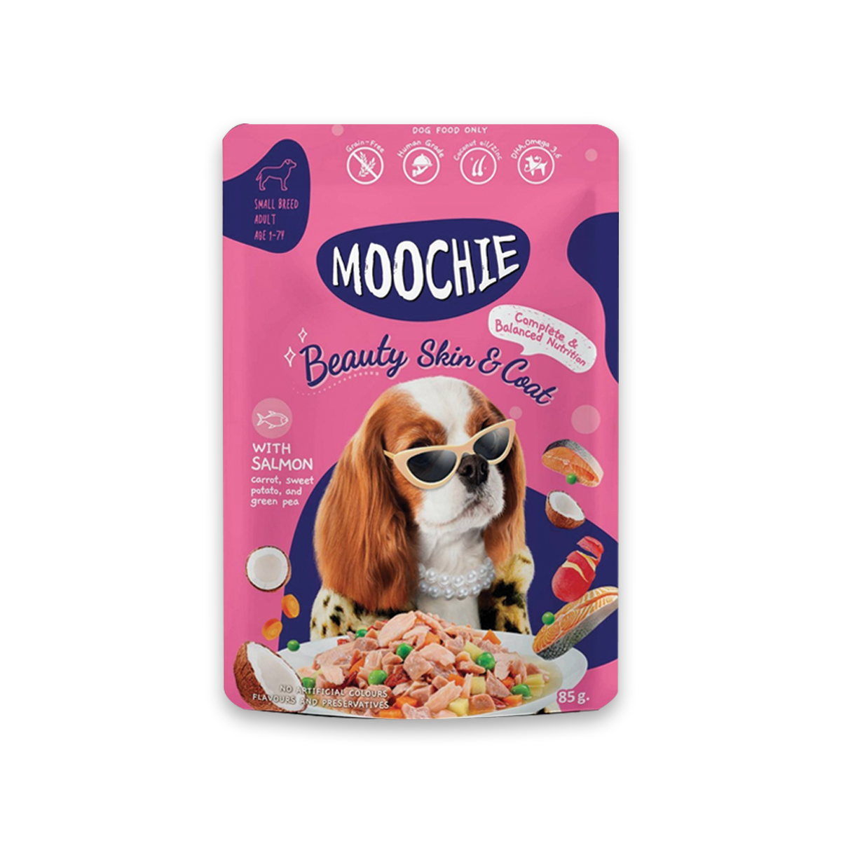 [MANOON] MOOCHIE  Dog Food Healthy Pouch Beauty Skin&Coat with Salmon Carrot, Sweet Potato and Green Pea Flavor มูชี่ อาหารเปียกสำหรับสุนัขแบบซอง รสแซลมอนผสมแครอท มันหวาน ถั่วลันเตา และน้ำมันมะพร้าว ขนาด 85 กรัม (12 ซอง)