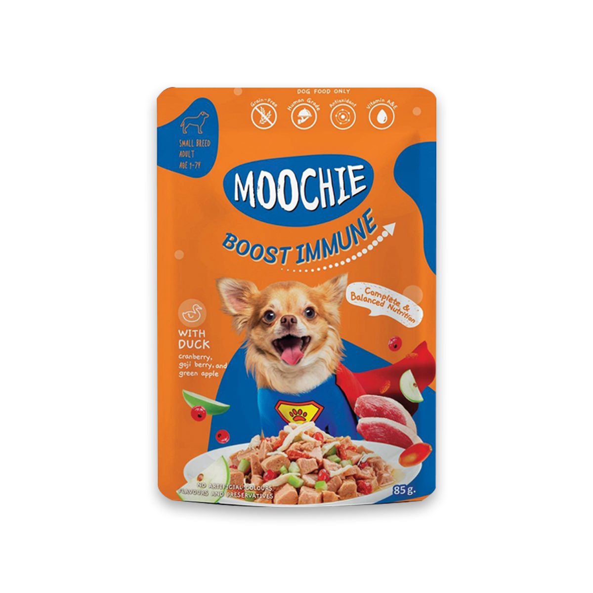 [MANOON] MOOCHIE  Dog Food Pouch Healthy Boost Immue with Duck Cranberry, Goji Berry and Green Apple Flavor มูชี่อาหารเปียกสำหรับสุนัขแบบซอง รสเนื้อเป็ดผสมแครนเบอร์รี่ โกจิเบอร์รี่ และแอปเปิ้ลเขียว ขนาด 85 กรัม (12 ซอง)