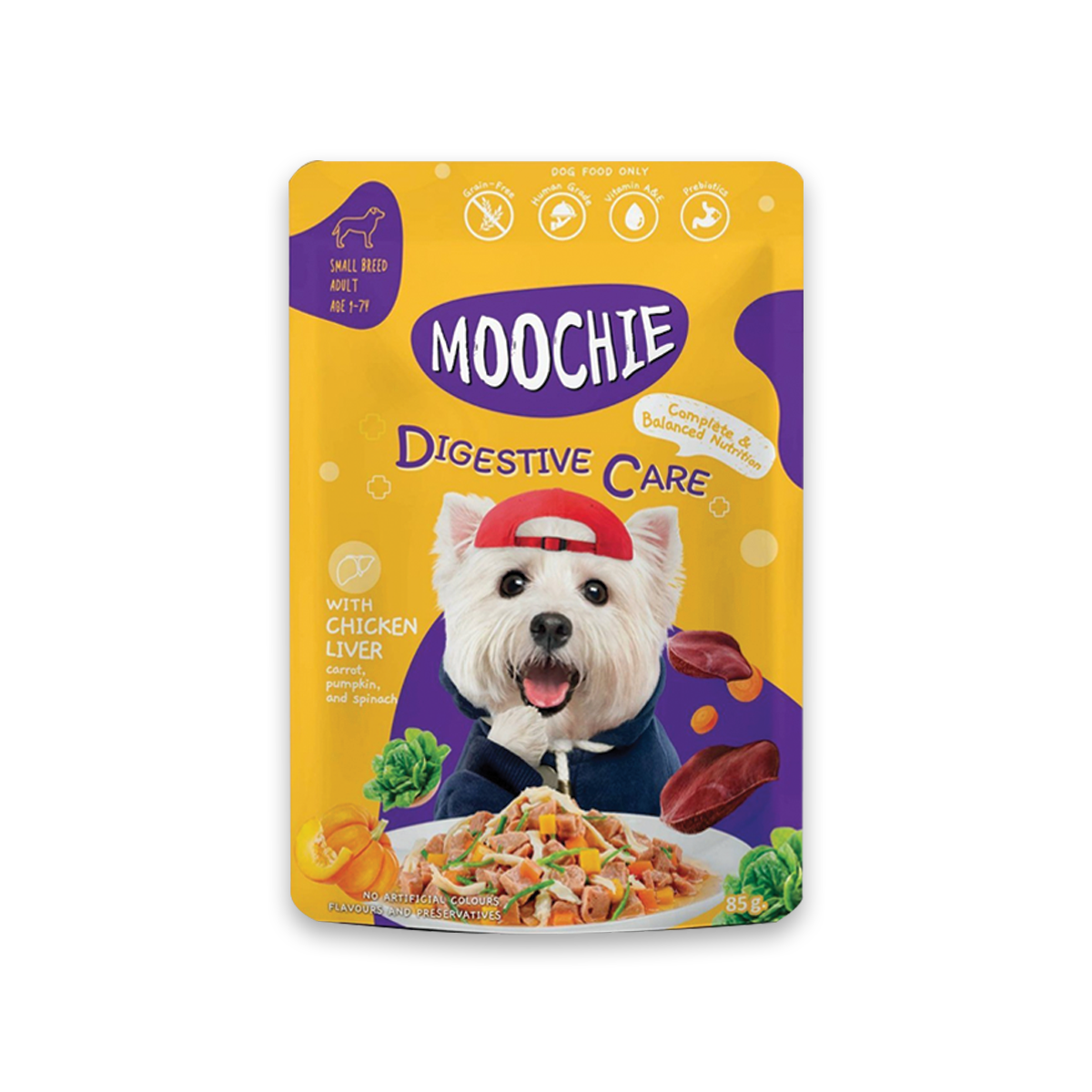 [MANOON] MOOCHIE  Dog Food Pouch Digestive Care with Chicken Liver Carrot, Pumpkin and Spinach Flavor มูชี่ อาหารเปียกสำหรับสุนัขแบบซอง รสตับไก่ผสมแครอท ฟักทองและผักโขม ขนาด 85 กรัม (12 ซอง)