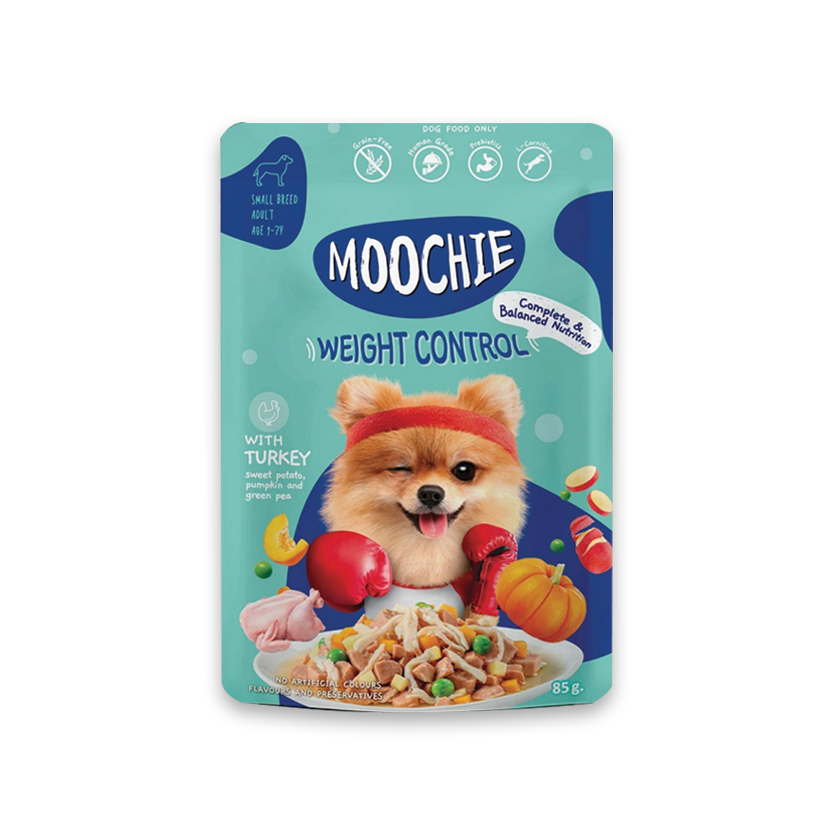 [MANOON] MOOCHIE  Dog Food Pouch Weight Control with Turkey Sweet Potato, Pumpkin and Green Pea Flavor มูชี่ อาหารเปียกสำหรับสุนัขแบบซอง รสไก่งวงผสมมันหวาน ฟักทอง ถั่วลันเตา และน้ำมันมะพร้าว ขนาด 85 กรัม (12 ซอง)