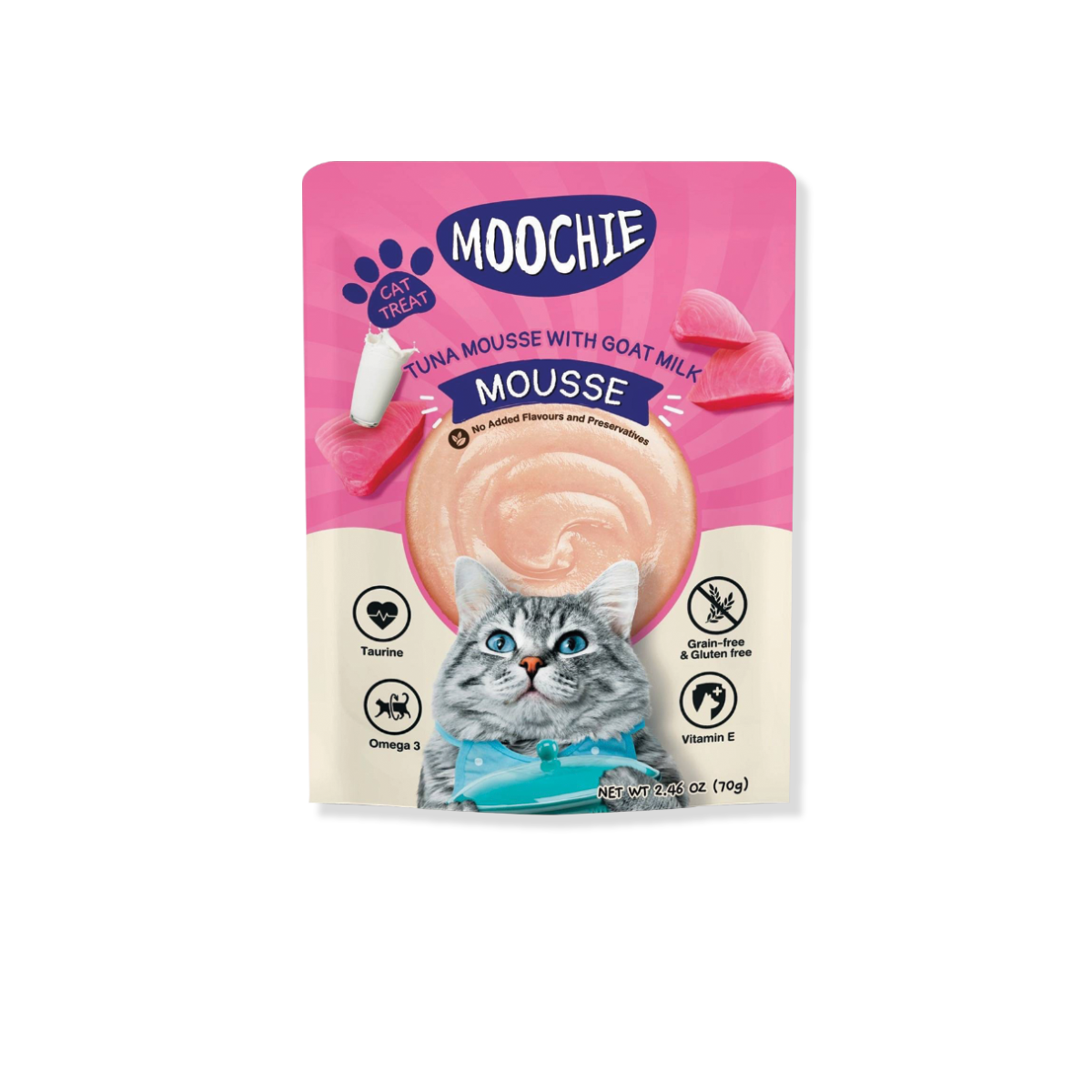 [MANOON] MOOCHIE Cat Food Pouch Tuna Mousse with Goat Milk Flavor มูชี่ อาหารเปียกสำหรับแมว รสมูสไก่ ทูน่า และนมแพะผง ขนาด 85 กรัม (12 ซอง)