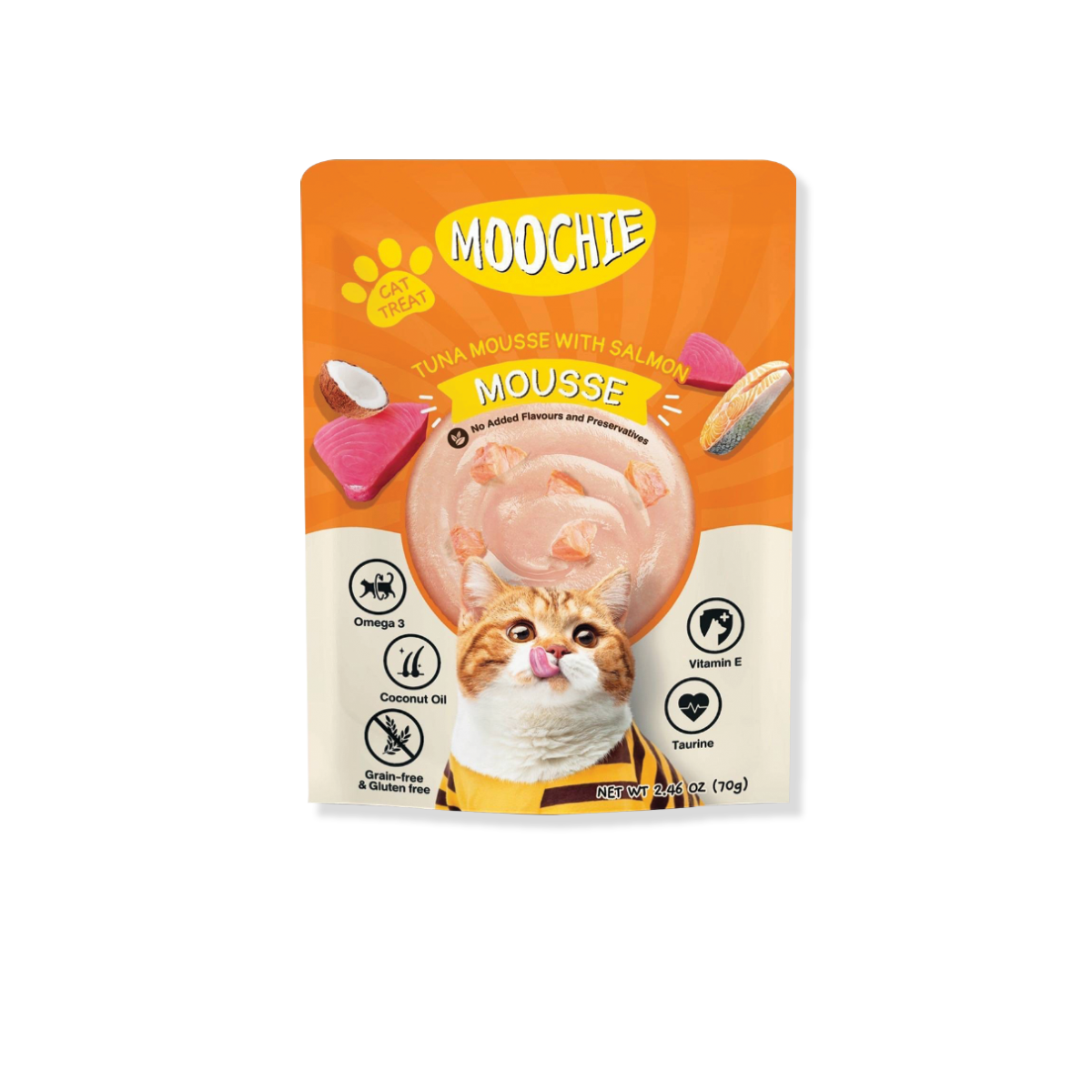 [MANOON] MOOCHIE Cat Food Pouch Tuna Mousse with Salmon Flavor มูชี่ อาหารเปียกสำหรับแมว รสมูสไก่ ทูน่าและแซลมอน ขนาด 85 กรัม (12 ซอง)