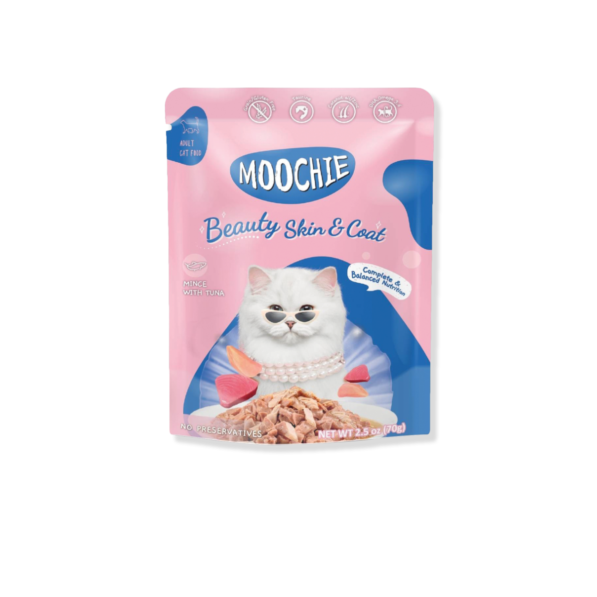 [MANOON] MOOCHIE Beauty Skin & Coat Mince with Tuna มูชี่ อาหารเปียกแมว รสทูน่าสับ สูตรบำรุงขนและผิวหนัง ขนาด 70 กรัม (12ซอง)