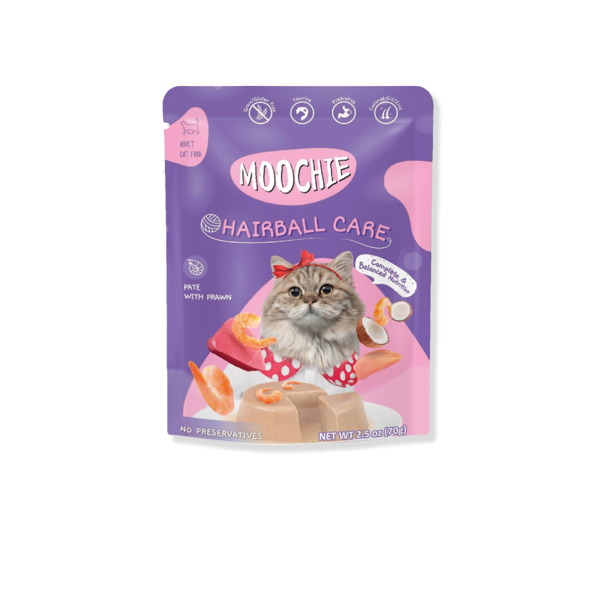 [MANOON] MOOCHIE Hairball Care Pate with Prawn มูชี่ อาหารเปียกแมว รสกุ้งบด สูตรควบคุมก้อนขน ขนาด 70 กรัม (12ซอง)