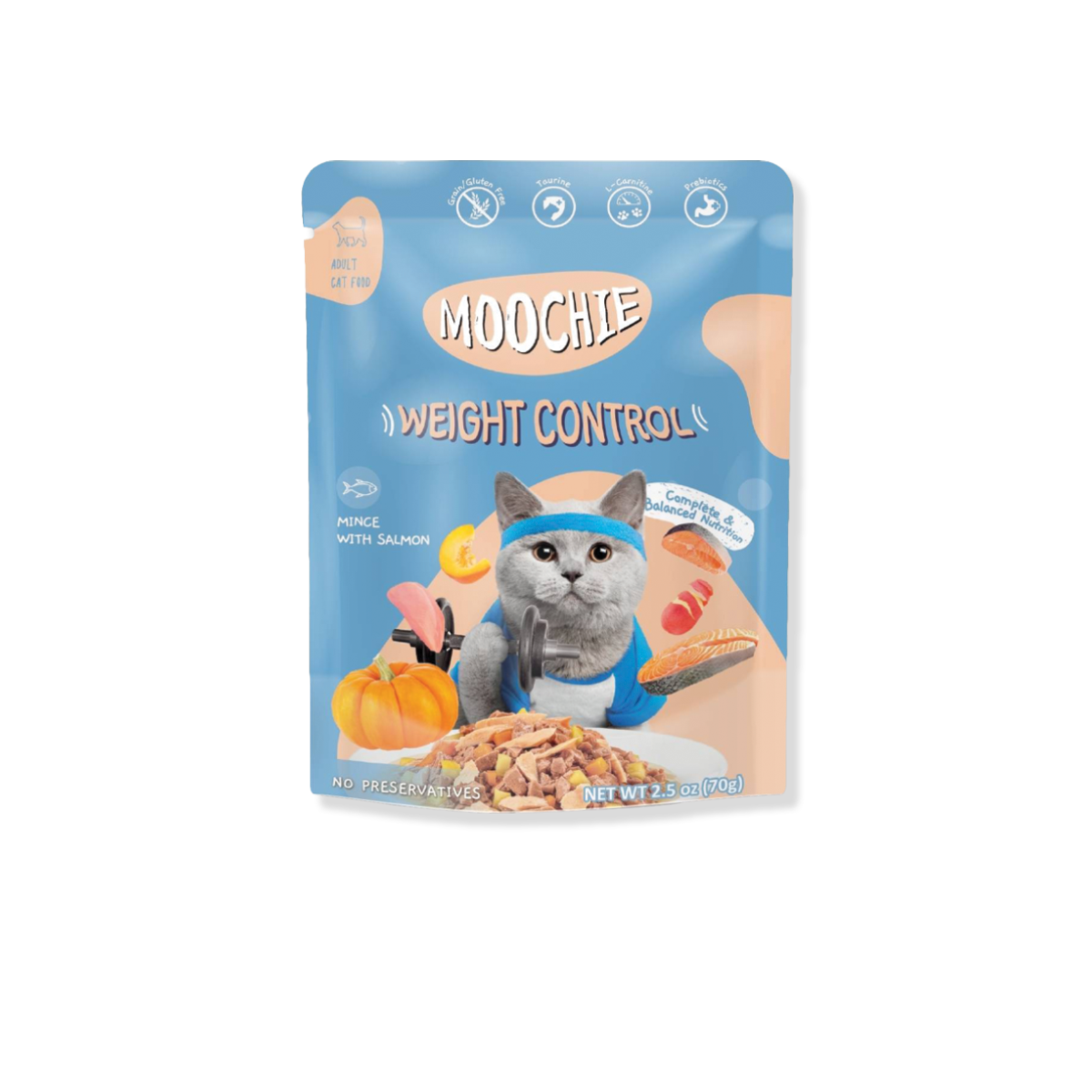 [MANOON] MOOCHIE Weight Control Mince with Salmon มูชี่ อาหารเปียกแมว รสแซลมอนสับ สูตรควบคุมน้ำหนัก ขนาด 70 กรัม (12ซอง)