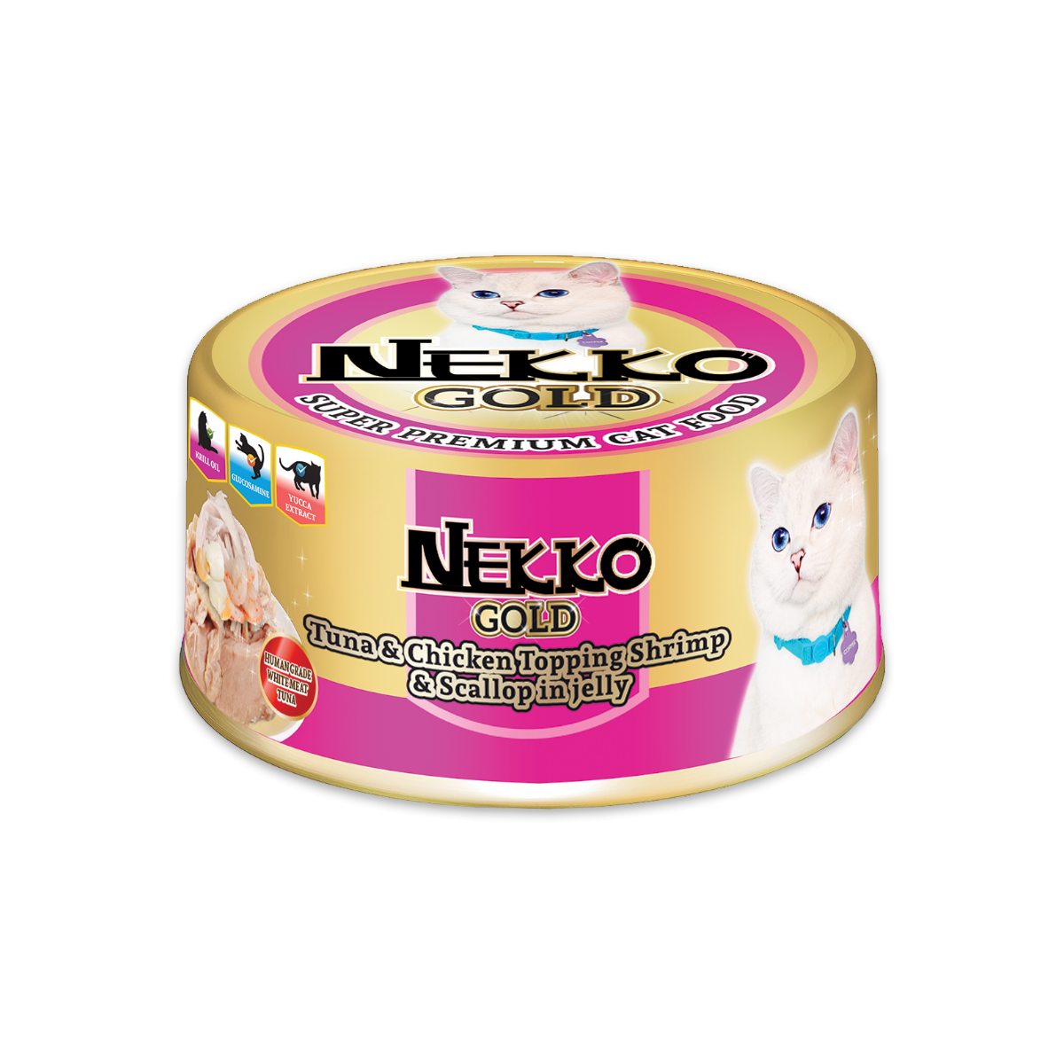 [MANOON] NEKKO Gold เน็กโกะ โกลด์ อาหารเปียกแมวแบบกระป๋อง รสปลาทูน่าและเนื้อไก่หน้ากุ้งและหอยเชลล์ในเยลลี่ขนาด 85 กรัม (12 กระป๋อง)