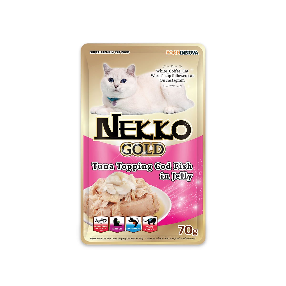 [MANOON] NEKKO Gold Tuna Topping Cod Fish in Jelly เน็กโกะ โกลด์ อาหารเปียกสำหรับแมว แบบซอง ทูน่าหน้าปลาค็อดในเยลลี่ ขนาด 70 กรัม (12 ซอง)