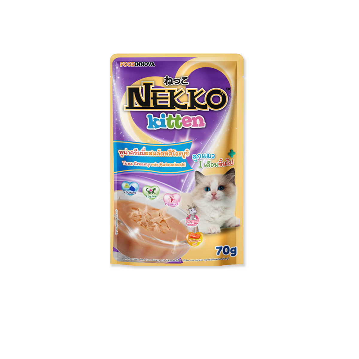 NEKKO Kitten  Tuna Creamy Mix Katsuobushi Flavor เน็กโกะ อาหารเปียก สูตรทูน่าครีมมี่ผสมคัตสึบูชิ สำหรับลูกแมวทุกสายพันธุ์ ขนาด 70 กรัม (12 ซอง)