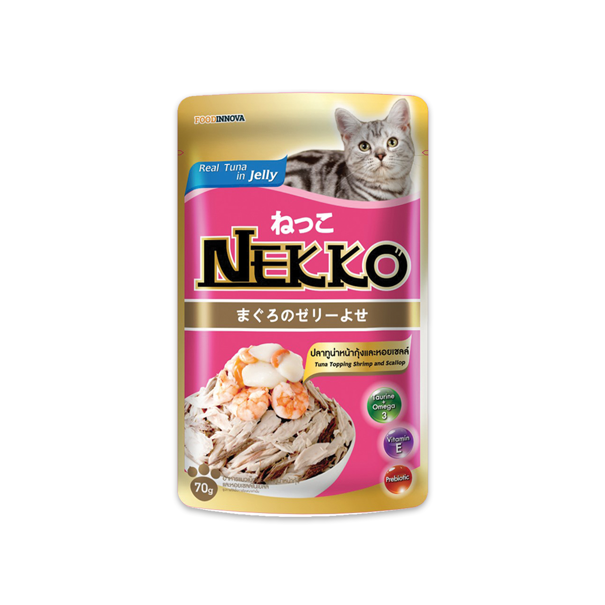 Nekko Pouch เน็กโกะ อาหารเปียกแมว แบบซอง รสทูน่าหน้ากุ้งและหอยเชลล์ในเยลลี่ ขนาด 70 กรัม