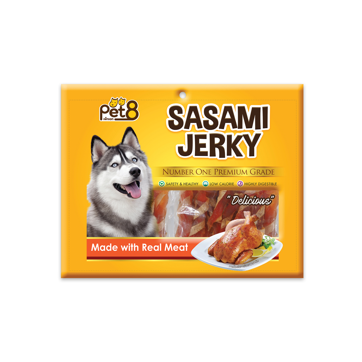 [MANOON] PET8  Sasami Jerky เพ็ทเอ็ท ขนมสุนัข ปลาแผ่นพันสันในไก่ (5 นิ้ว) ขนาด 300 กรัม (JJ504)