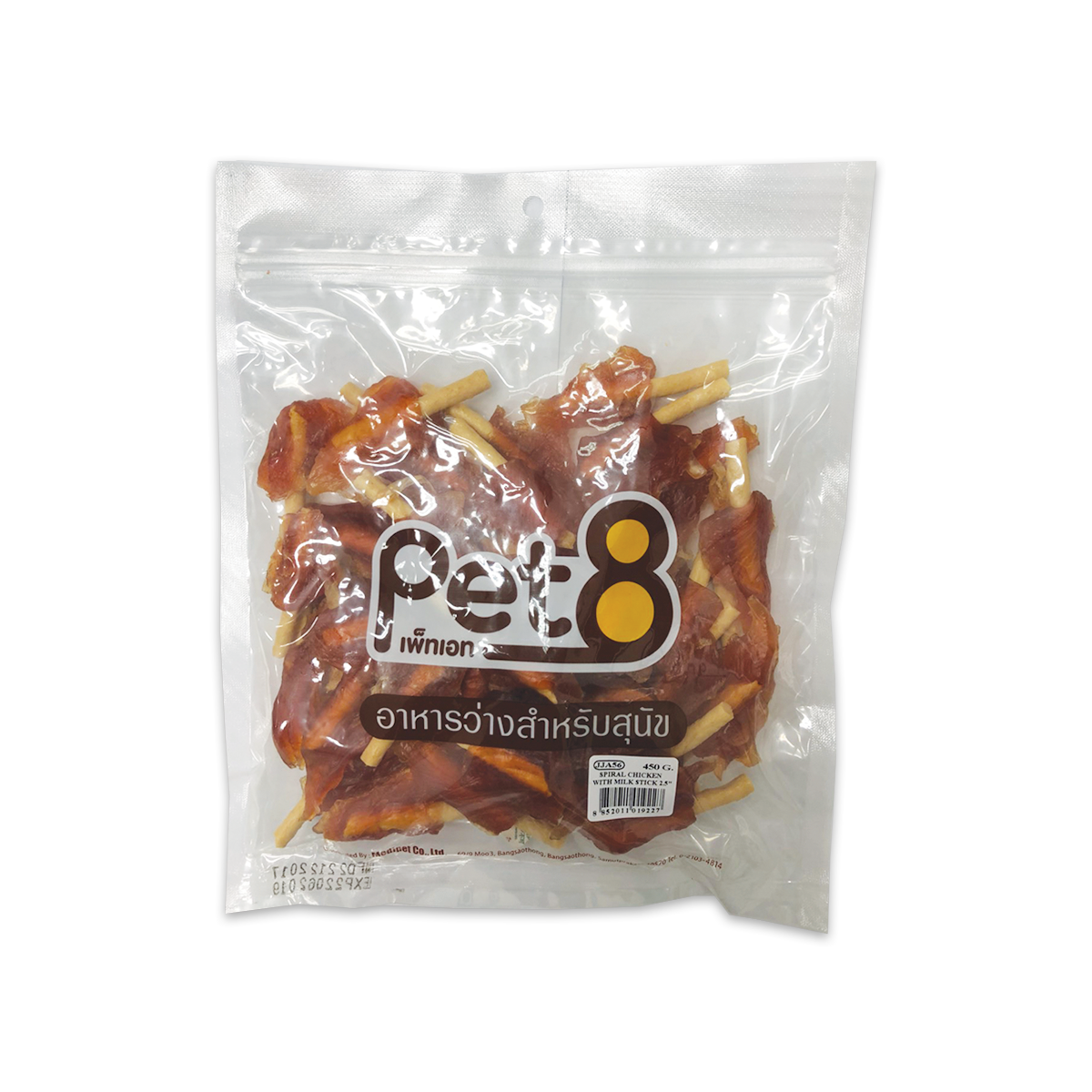 [MANOON] PET8  Sasami Jerky เพ็ทเอ็ท ขนมสุนัข ไก่พันแท่งนม (แบบนิ่ม 2.5 นิ้ว) ขนาด 450 กรัม (JJA56)