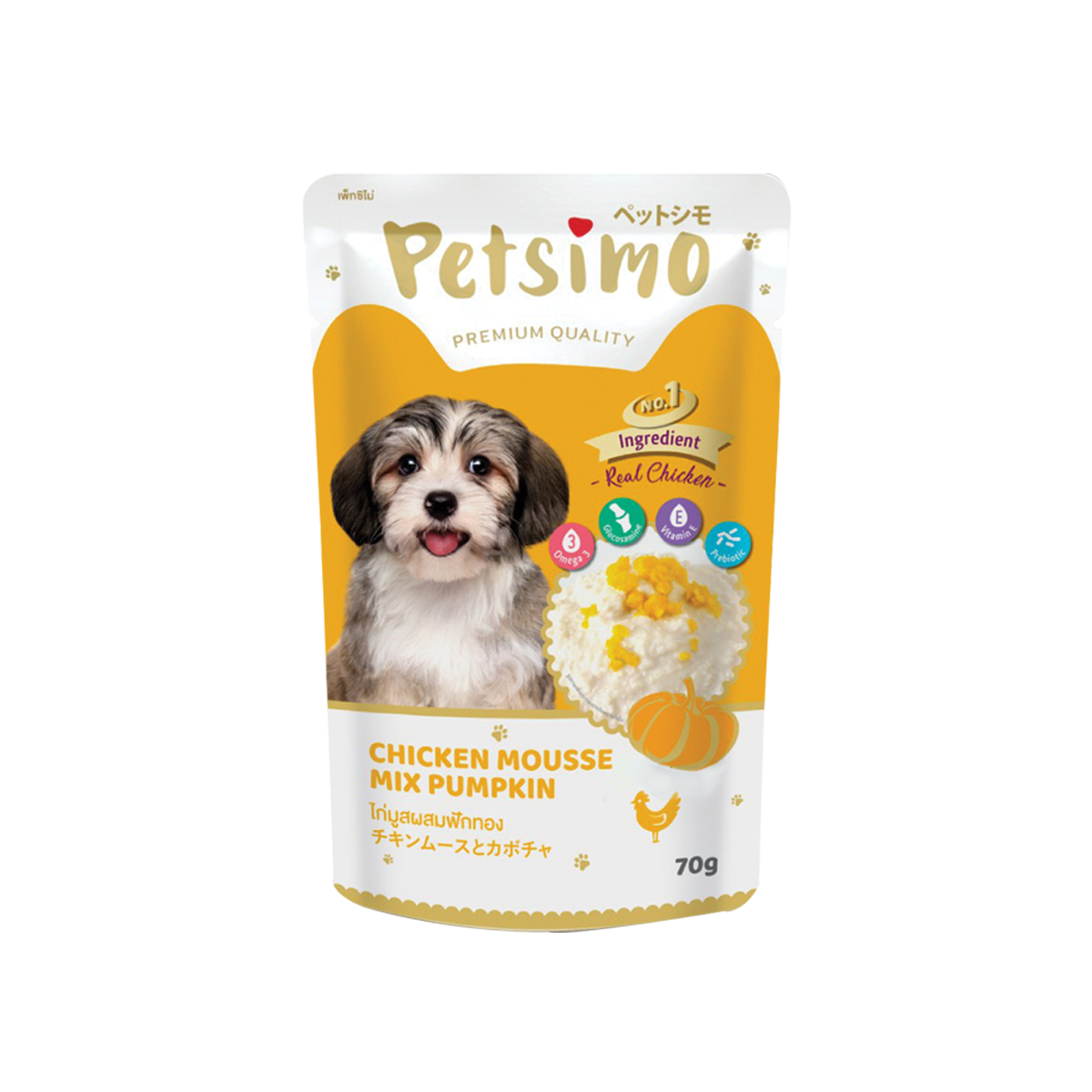 Petsimo Pouch Dog Food Chicken Mousse Mix Pumpkin Flavor อาหารเปียกสำหรับสุนัข รสไก่มูสผสมฟักทอง ขนาด 70กรัม (12ซอง)